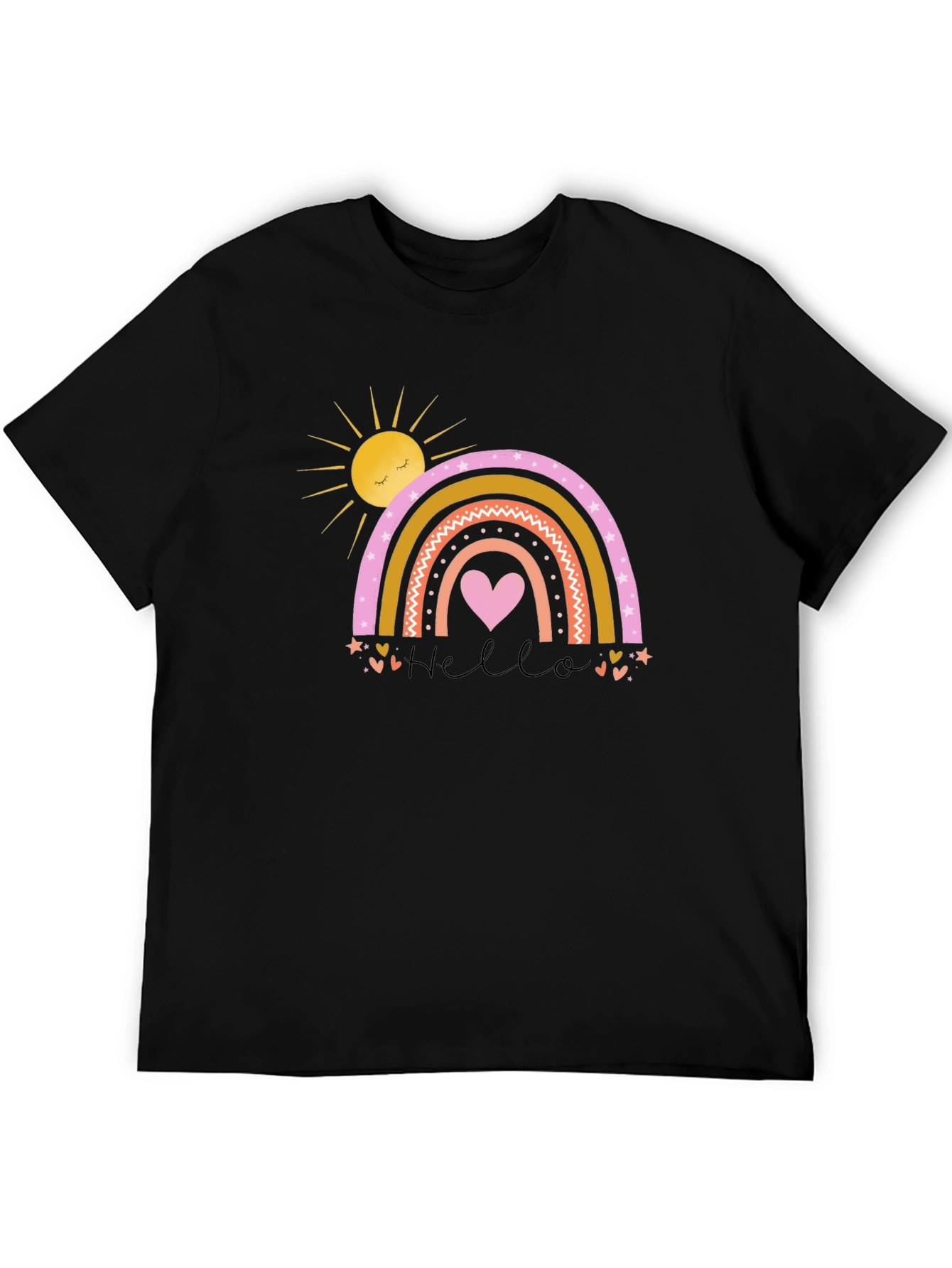 Cute Rainbow Heart Graphic Black T-Shirt