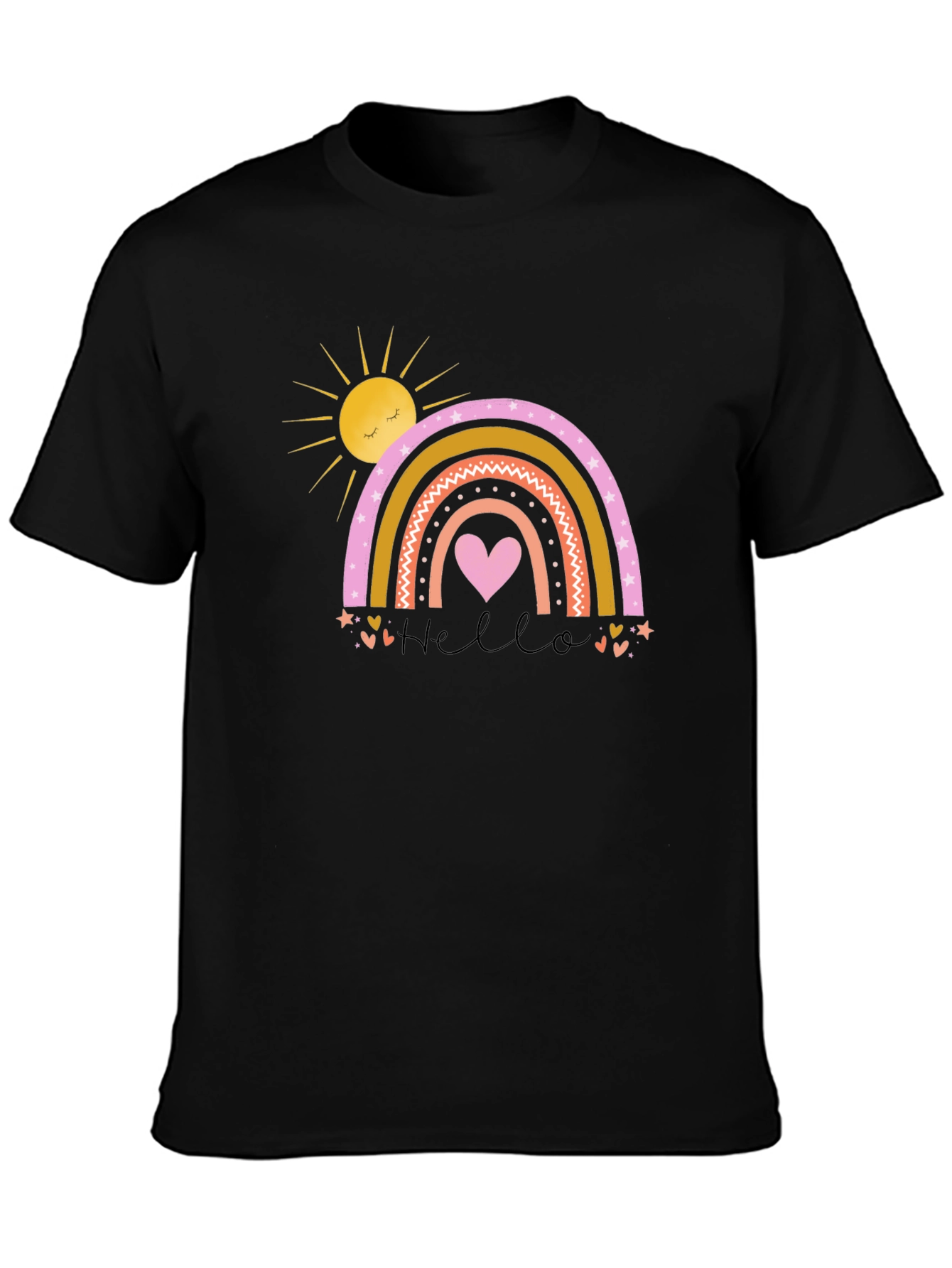 Cute Rainbow Heart Graphic Black T-Shirt