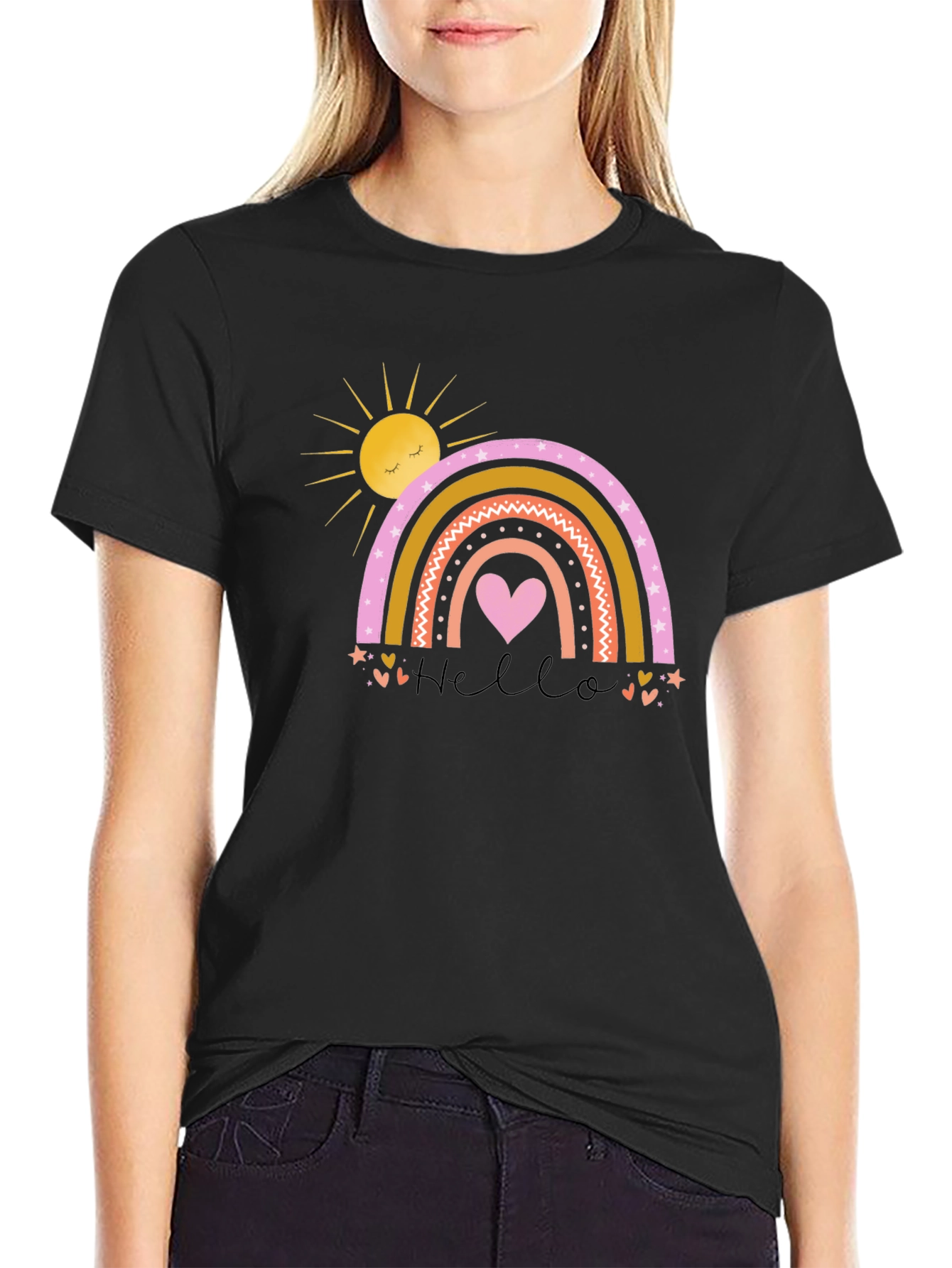 Cute Rainbow Heart Graphic Black T-Shirt