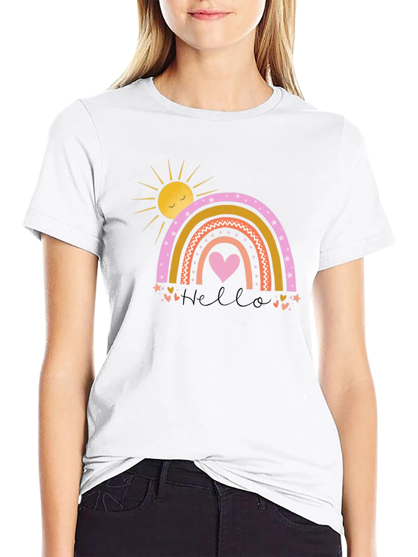 Cute Rainbow Heart Graphic Black T-Shirt