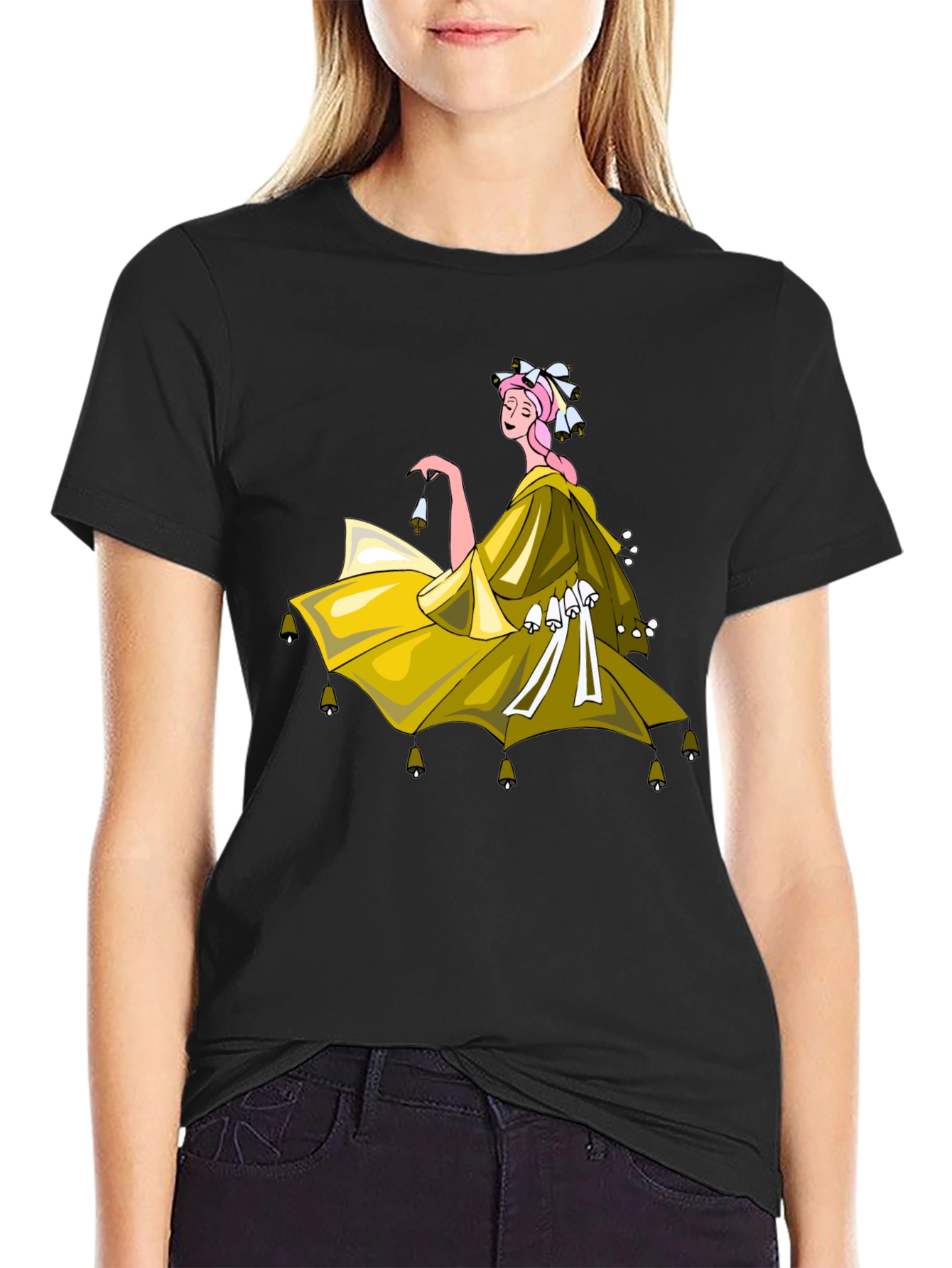 Whimsical Bell Dancer Graphic Tee - Black