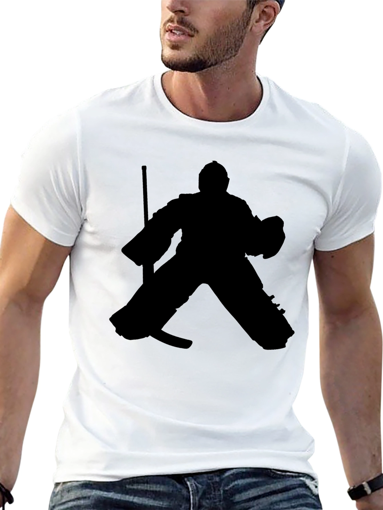 Hockey Goalie Silhouette Graphic Tee - Black Cotton T-Shirt