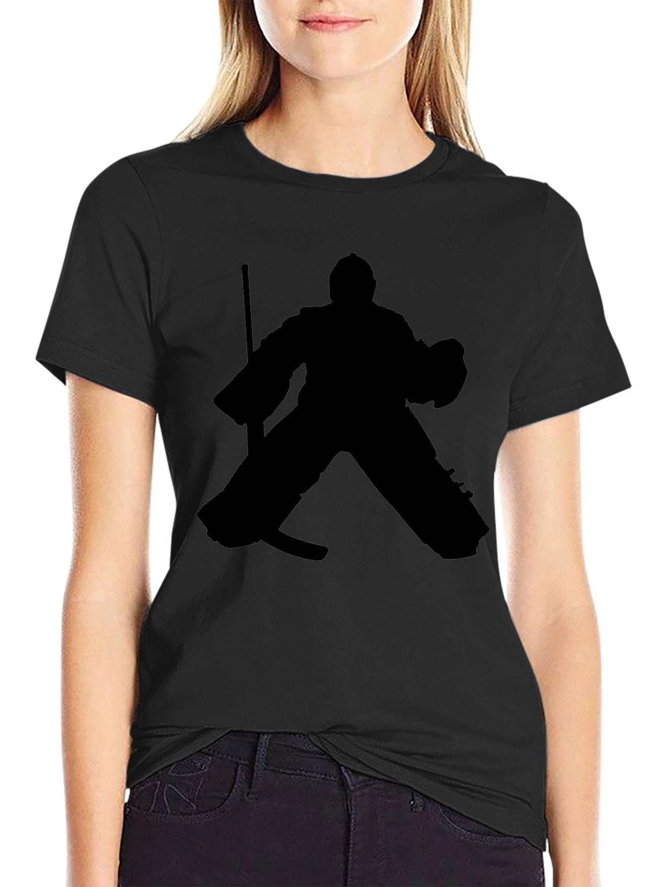 Hockey Goalie Silhouette Graphic Tee - Black Cotton T-Shirt