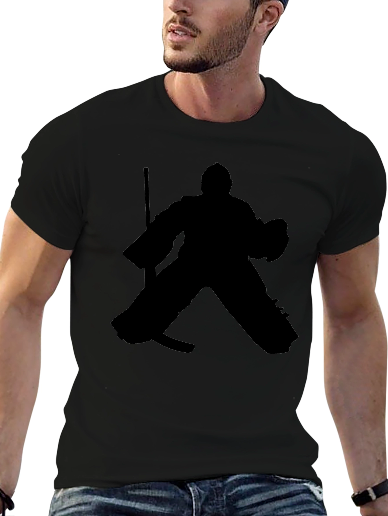 Hockey Goalie Silhouette Graphic Tee - Black Cotton T-Shirt