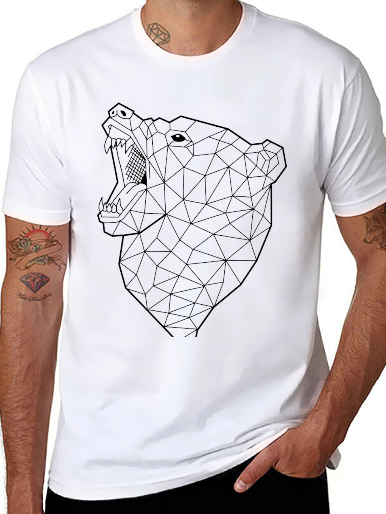Geometric Bear Graphic Black Tee Shirt