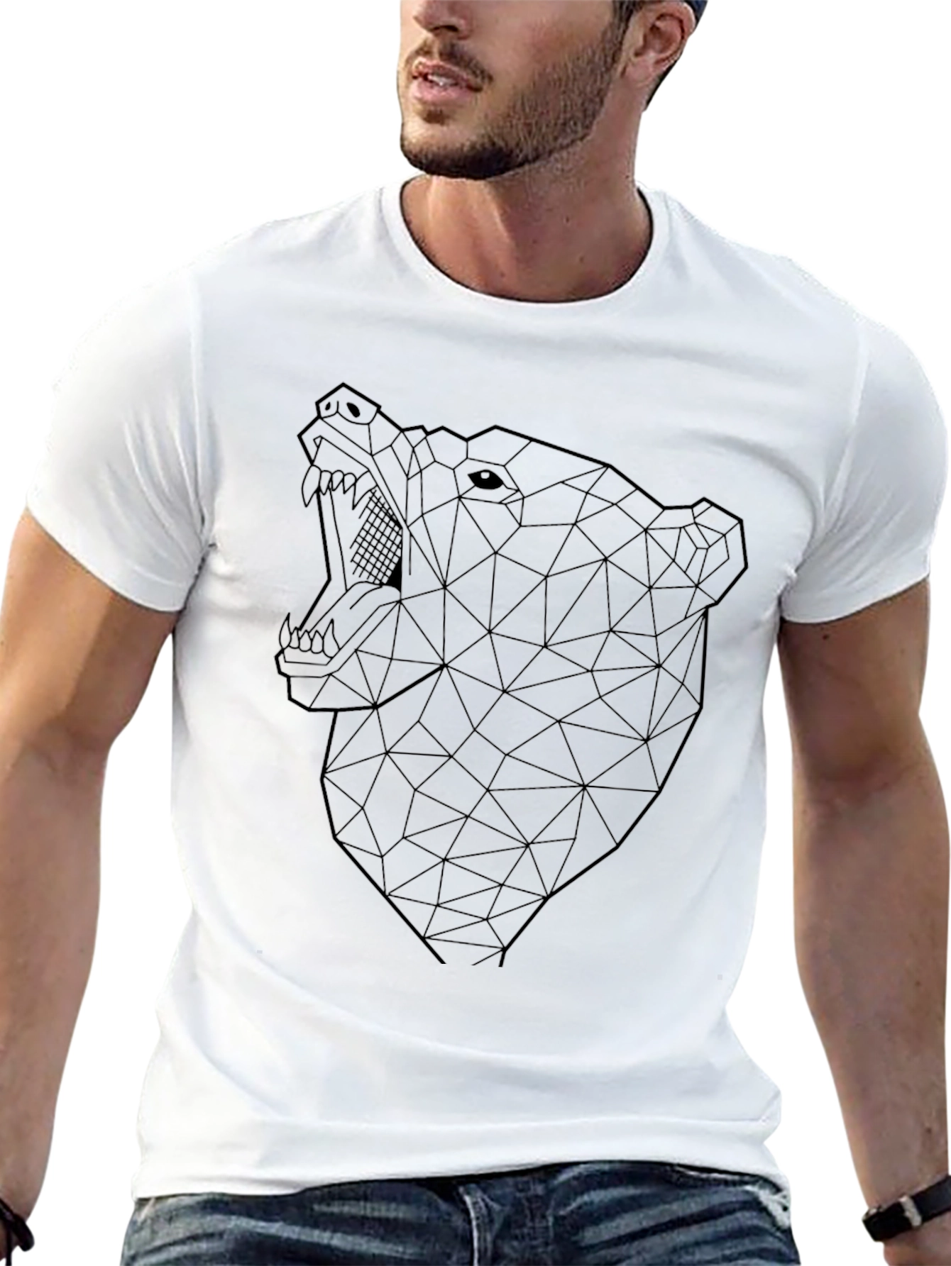 Geometric Bear Graphic Black Tee Shirt