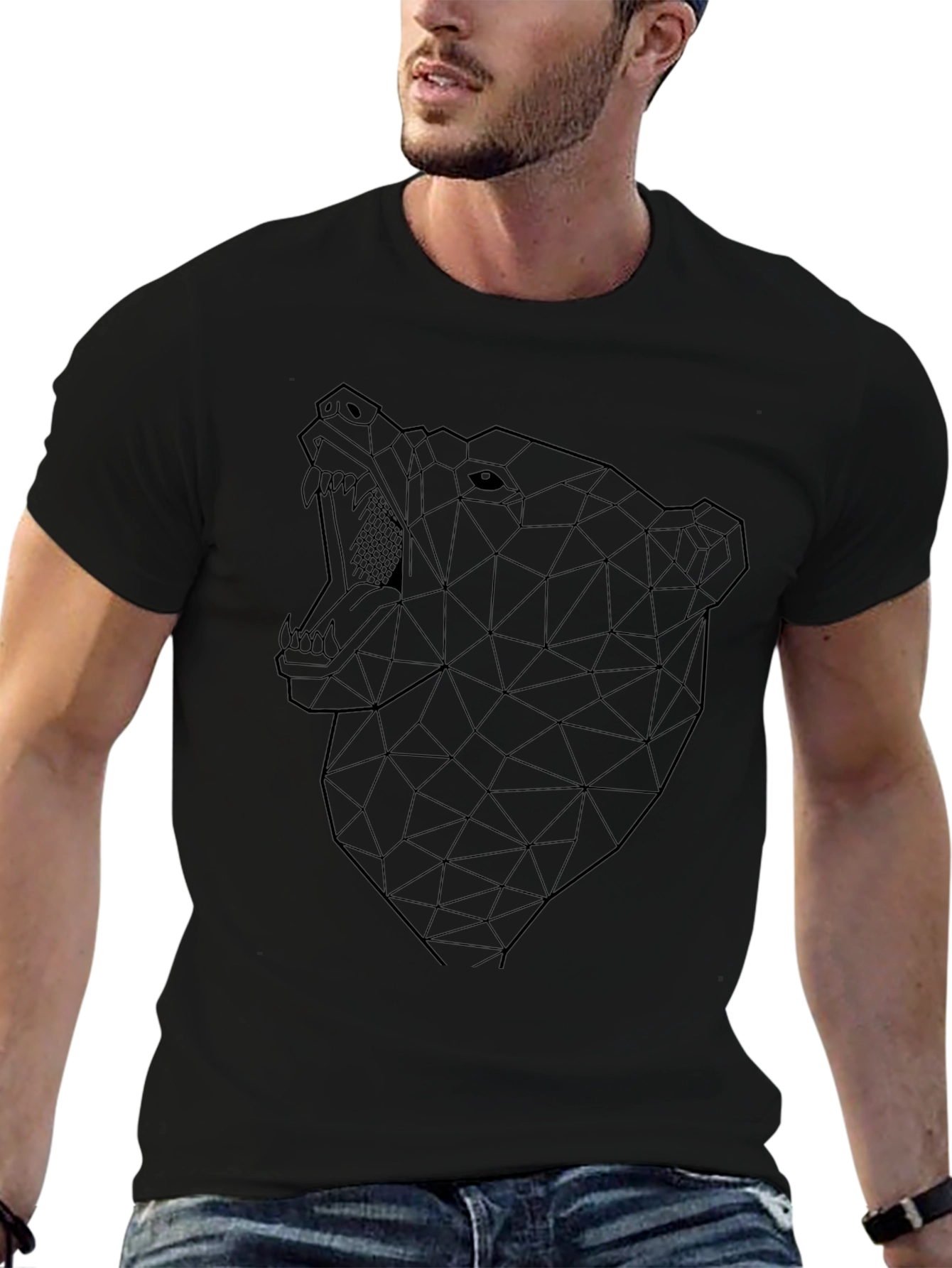 Geometric Bear Graphic Black Tee Shirt