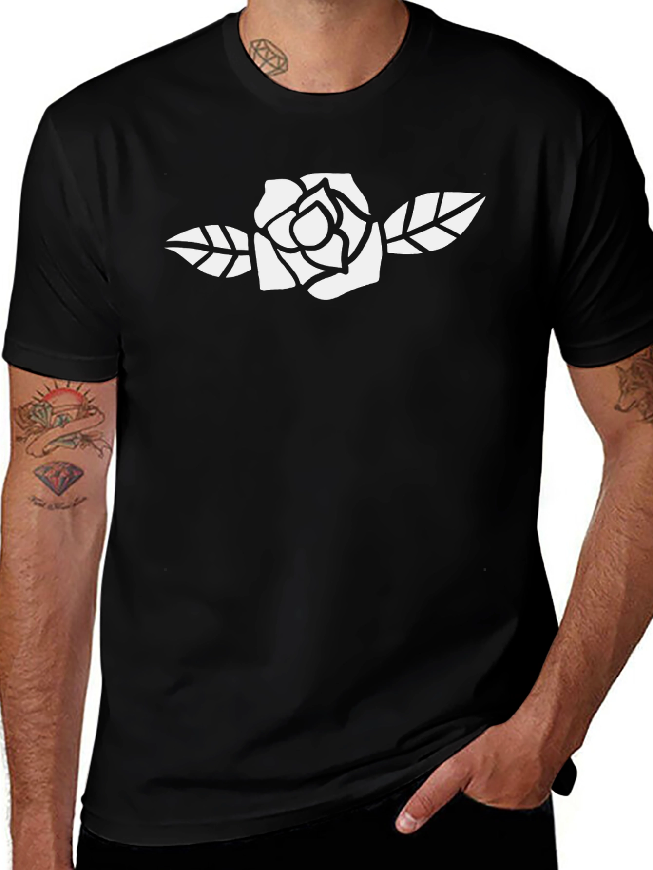 Black T-Shirt with White Rose Graphic