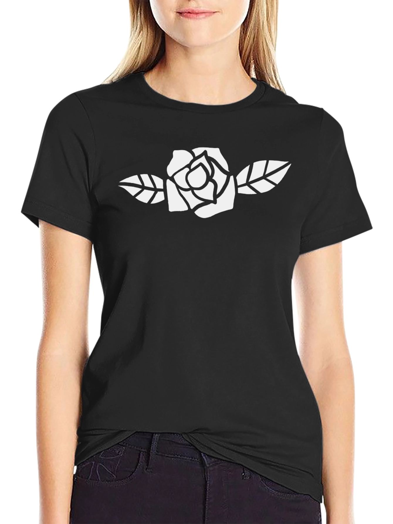 Black T-Shirt with White Rose Graphic