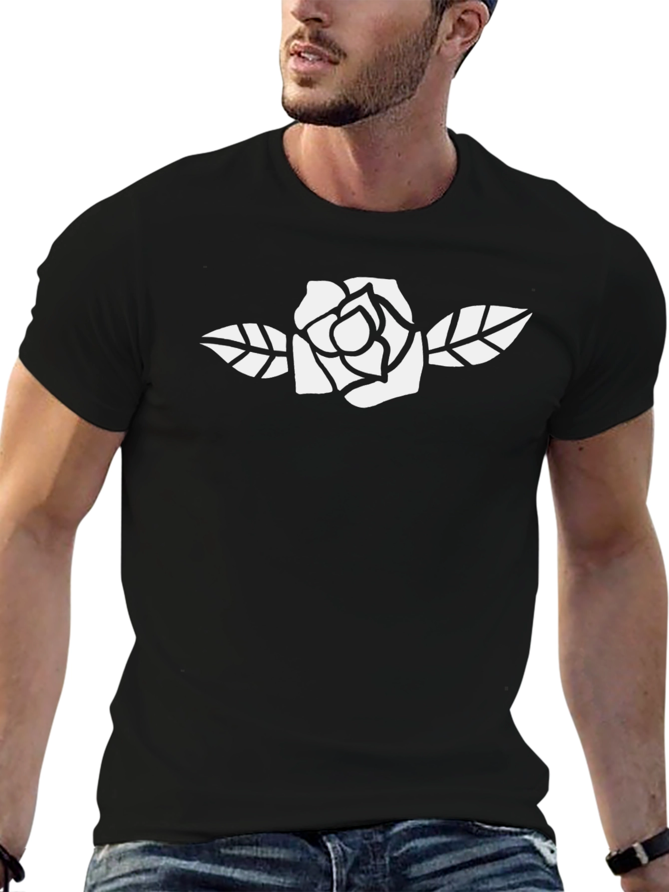 Black T-Shirt with White Rose Graphic