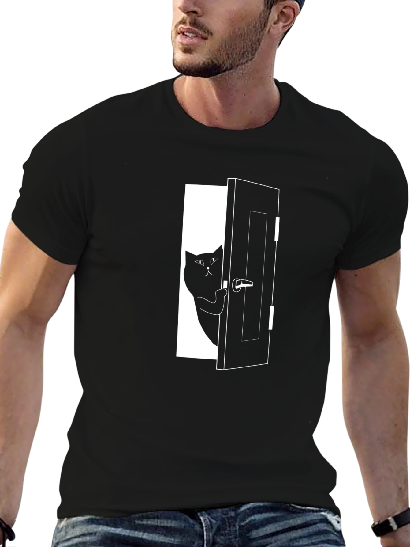 Black Cat Door Graphic T-Shirt