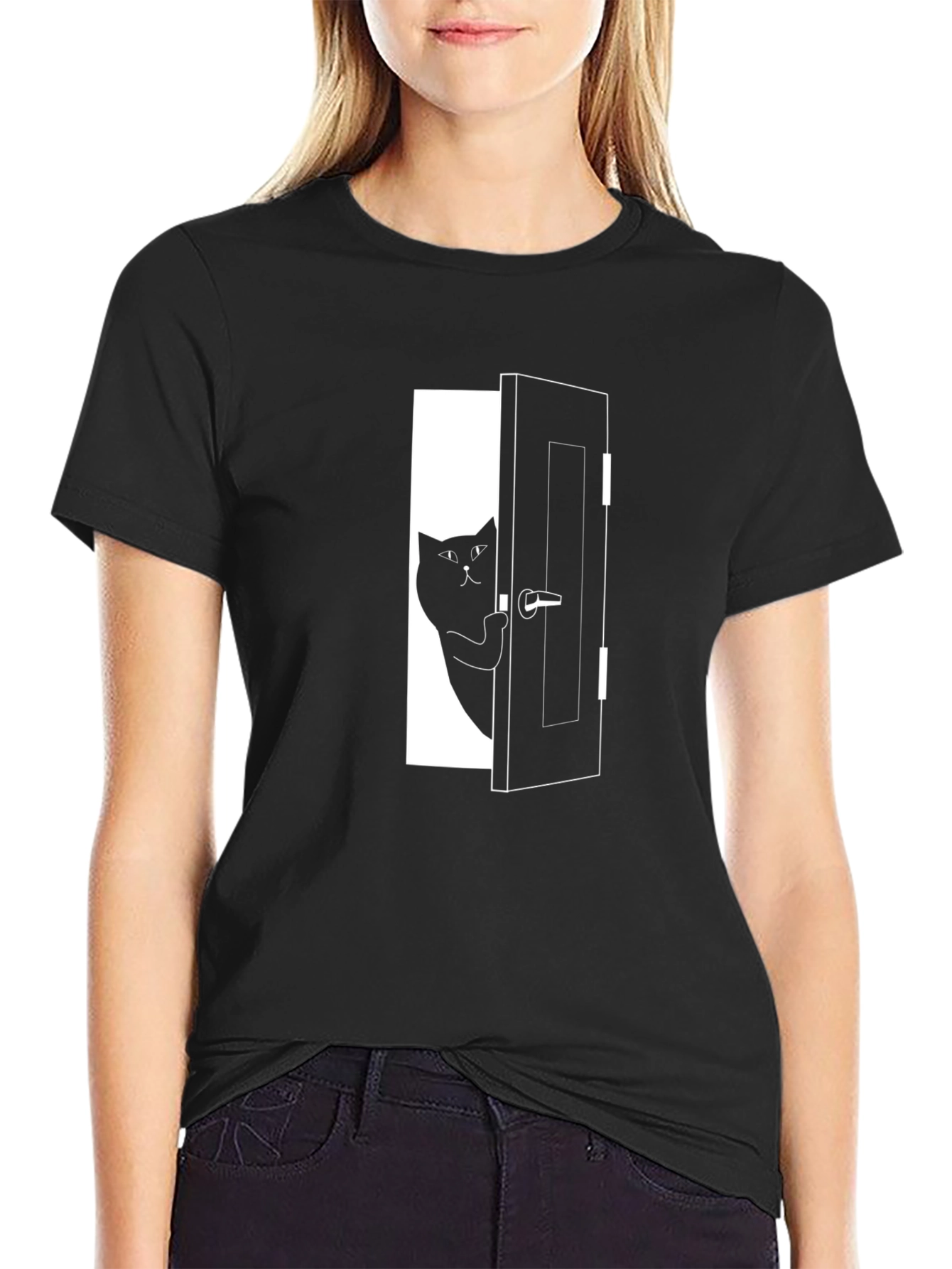 Black Cat Door Graphic T-Shirt