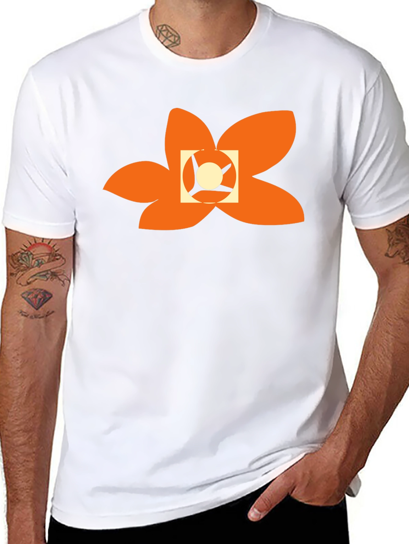 Black T-Shirt with Abstract Orange Floral Design