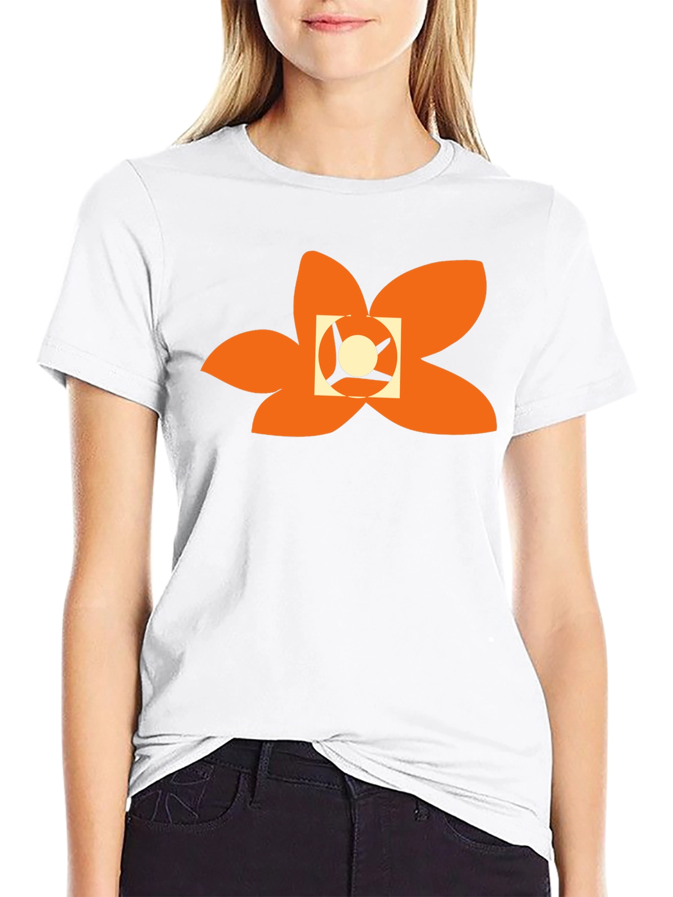 Black T-Shirt with Abstract Orange Floral Design