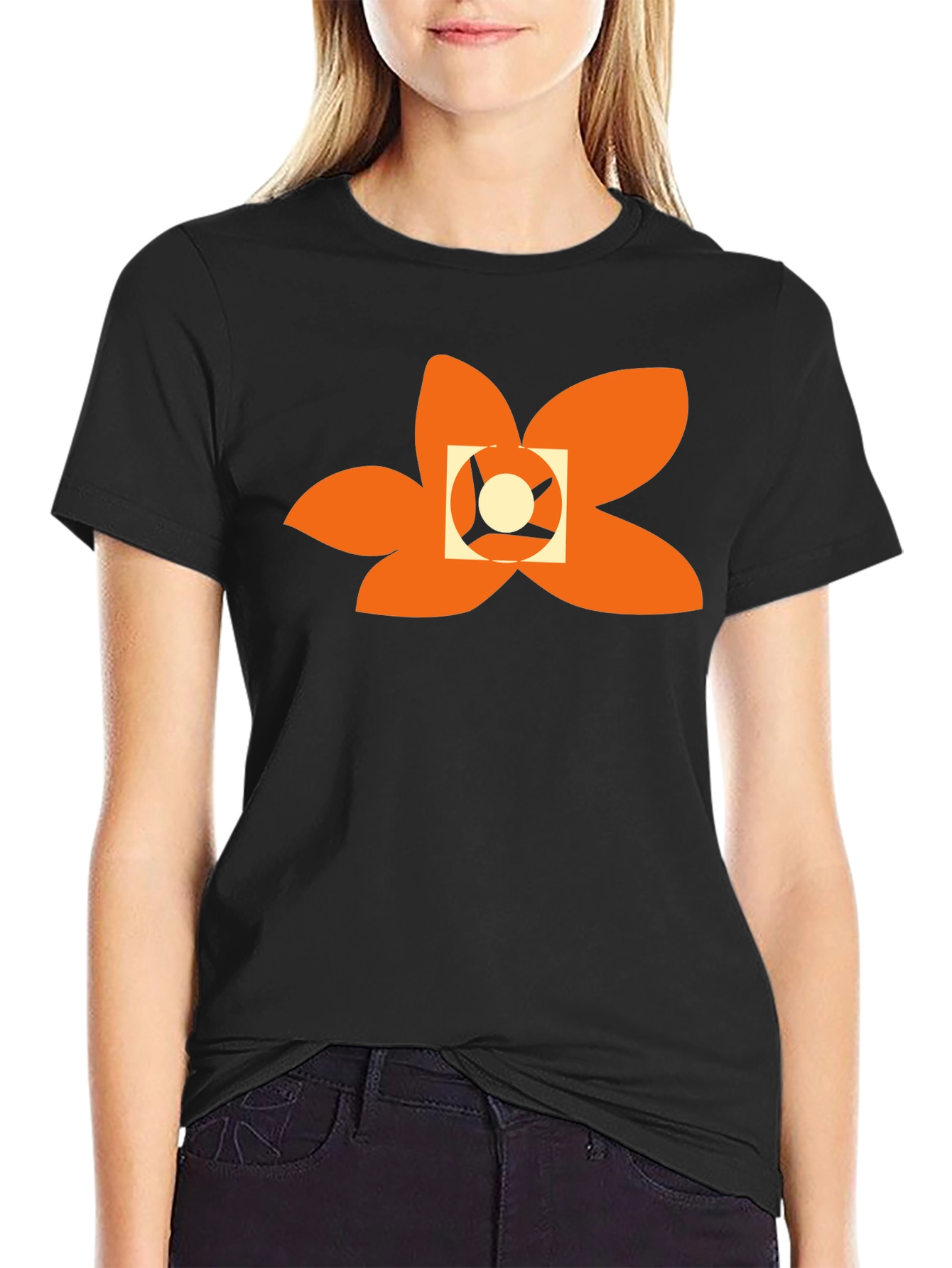 Black T-Shirt with Abstract Orange Floral Design