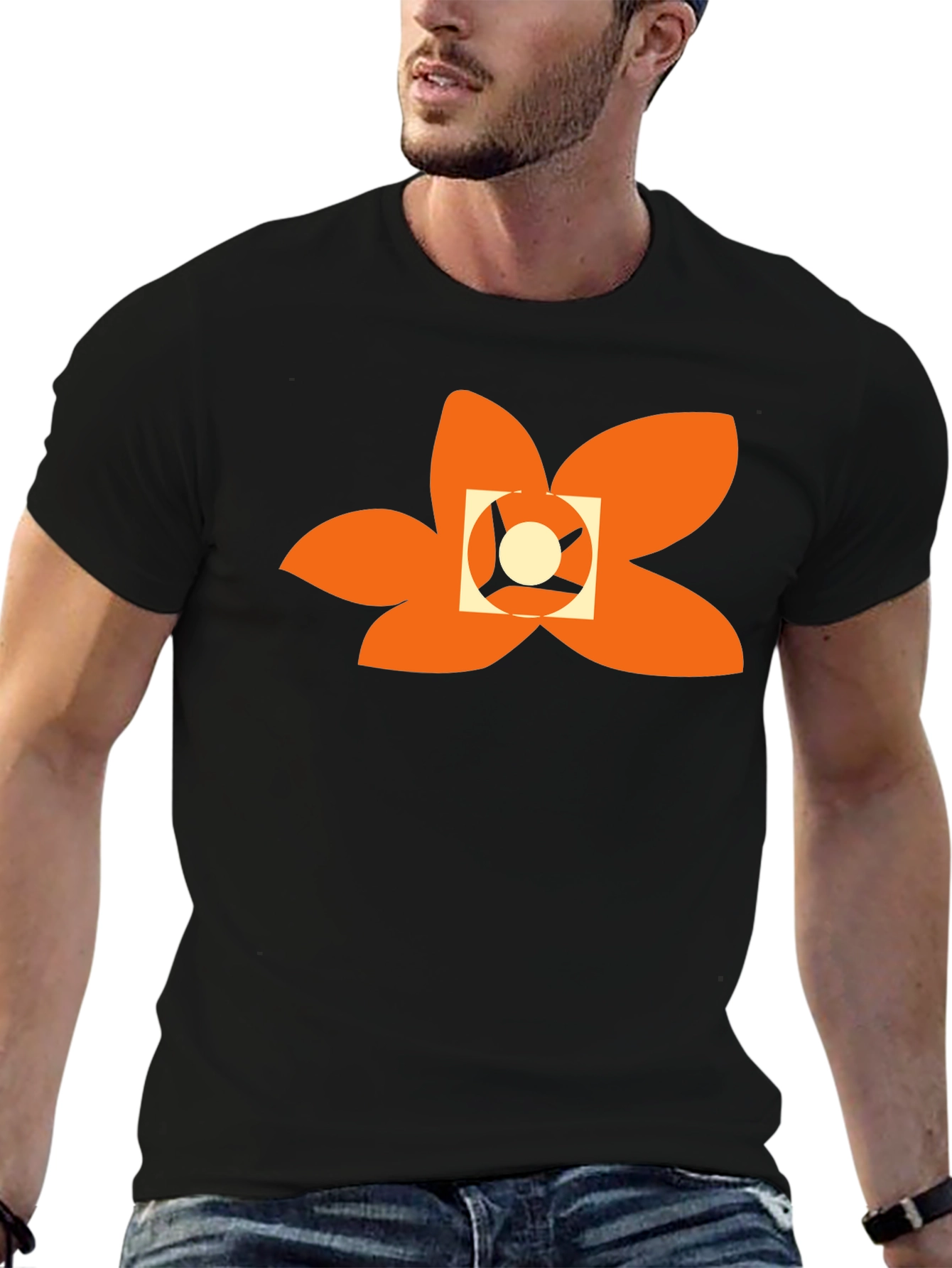 Black T-Shirt with Abstract Orange Floral Design