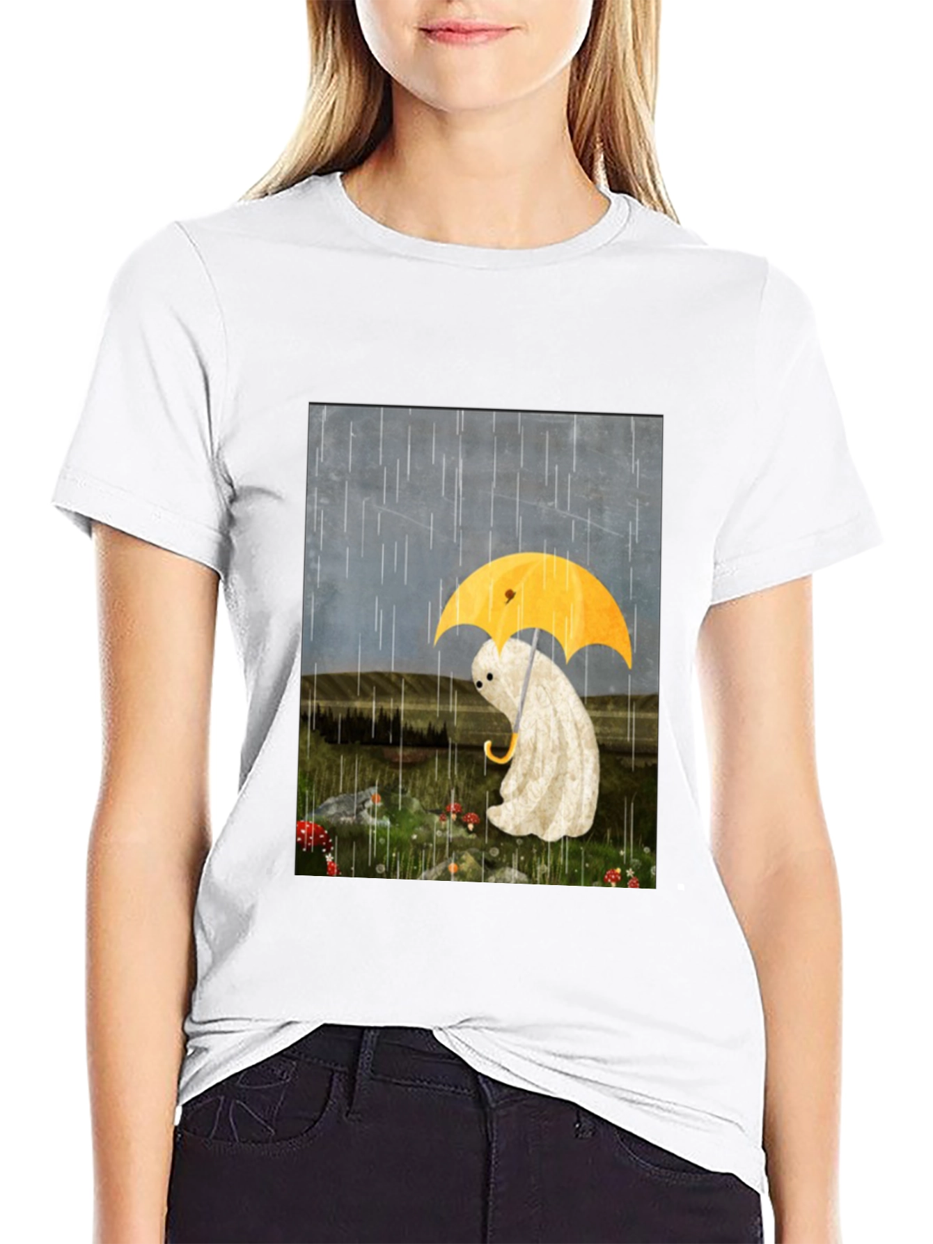 Sad Ghost Under Umbrella Graphic Tee