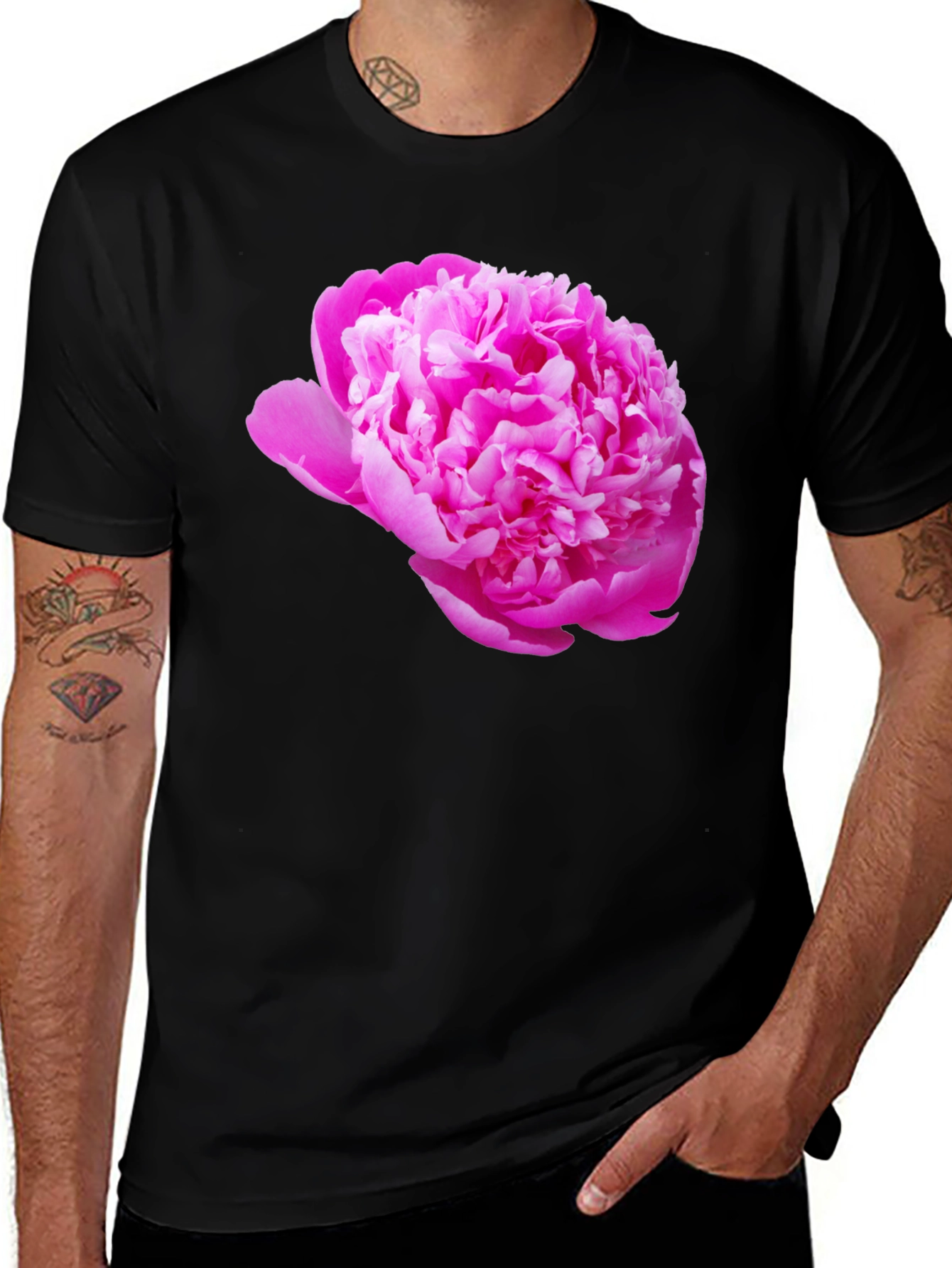 Black Tee with Pink Peony Flower Print