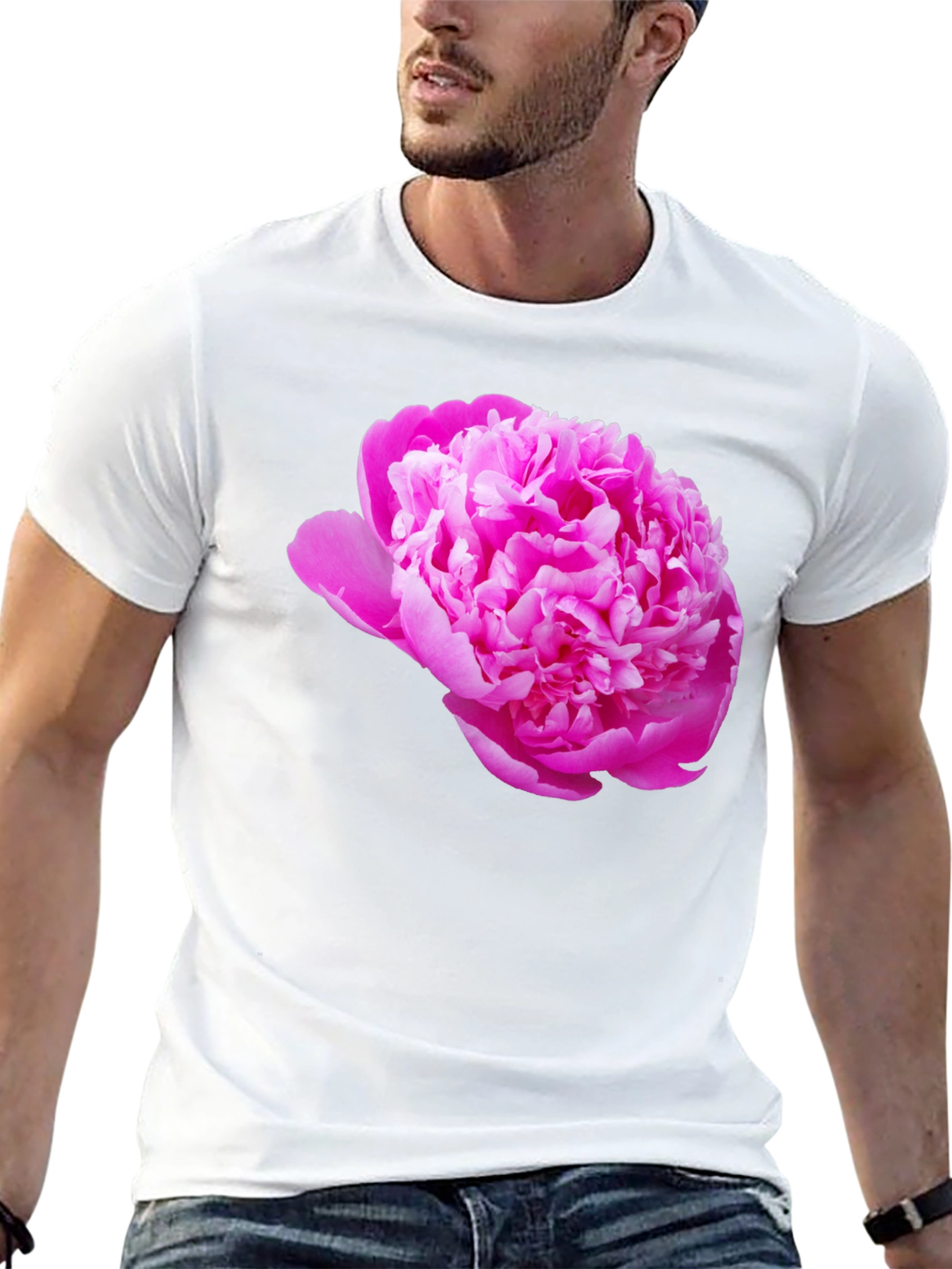 Black Tee with Pink Peony Flower Print