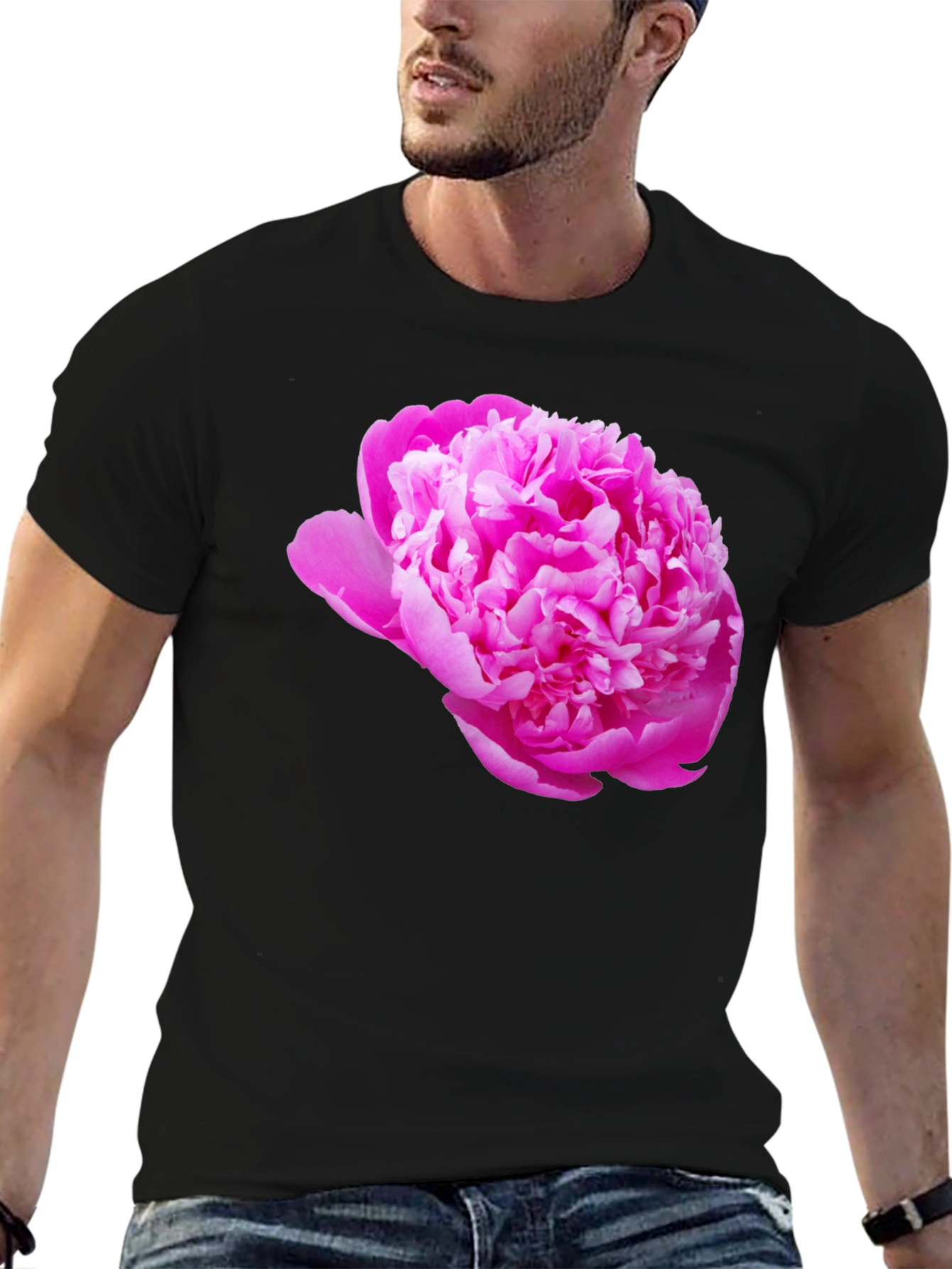 Black Tee with Pink Peony Flower Print