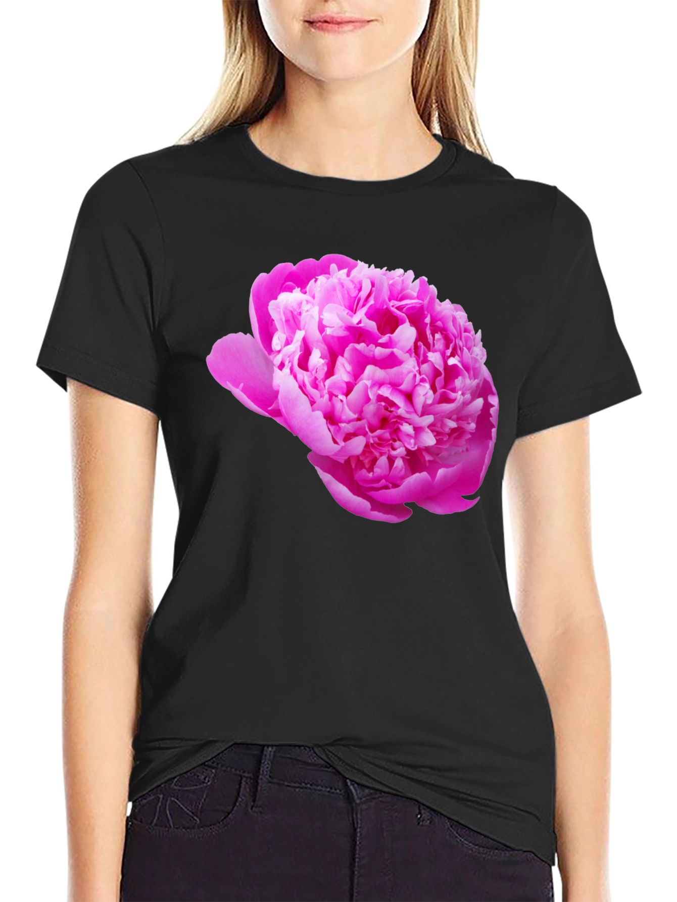Black Tee with Pink Peony Flower Print
