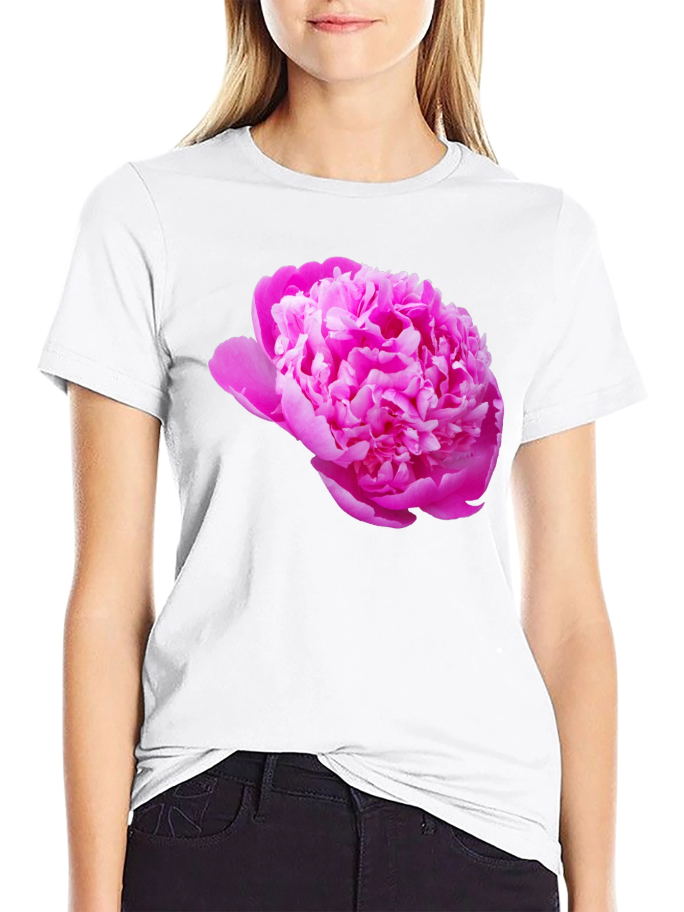 Black Tee with Pink Peony Flower Print