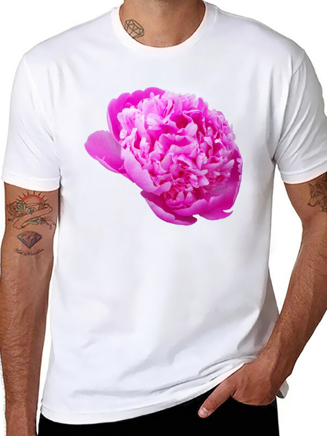 Black Tee with Pink Peony Flower Print