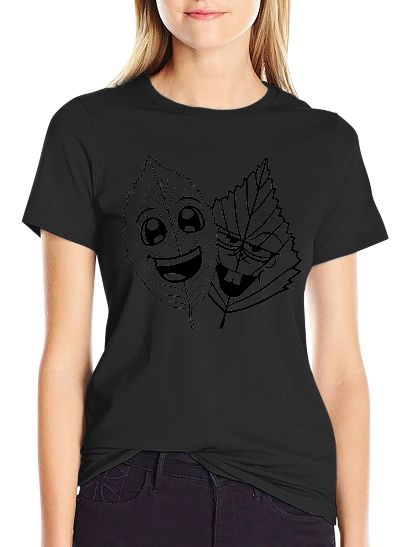 Funny Leaves Graphic Black T-Shirt