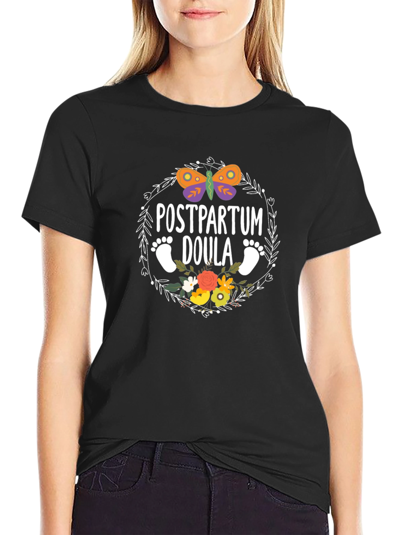Postpartum Doula T-Shirt - Butterfly & Floral Design