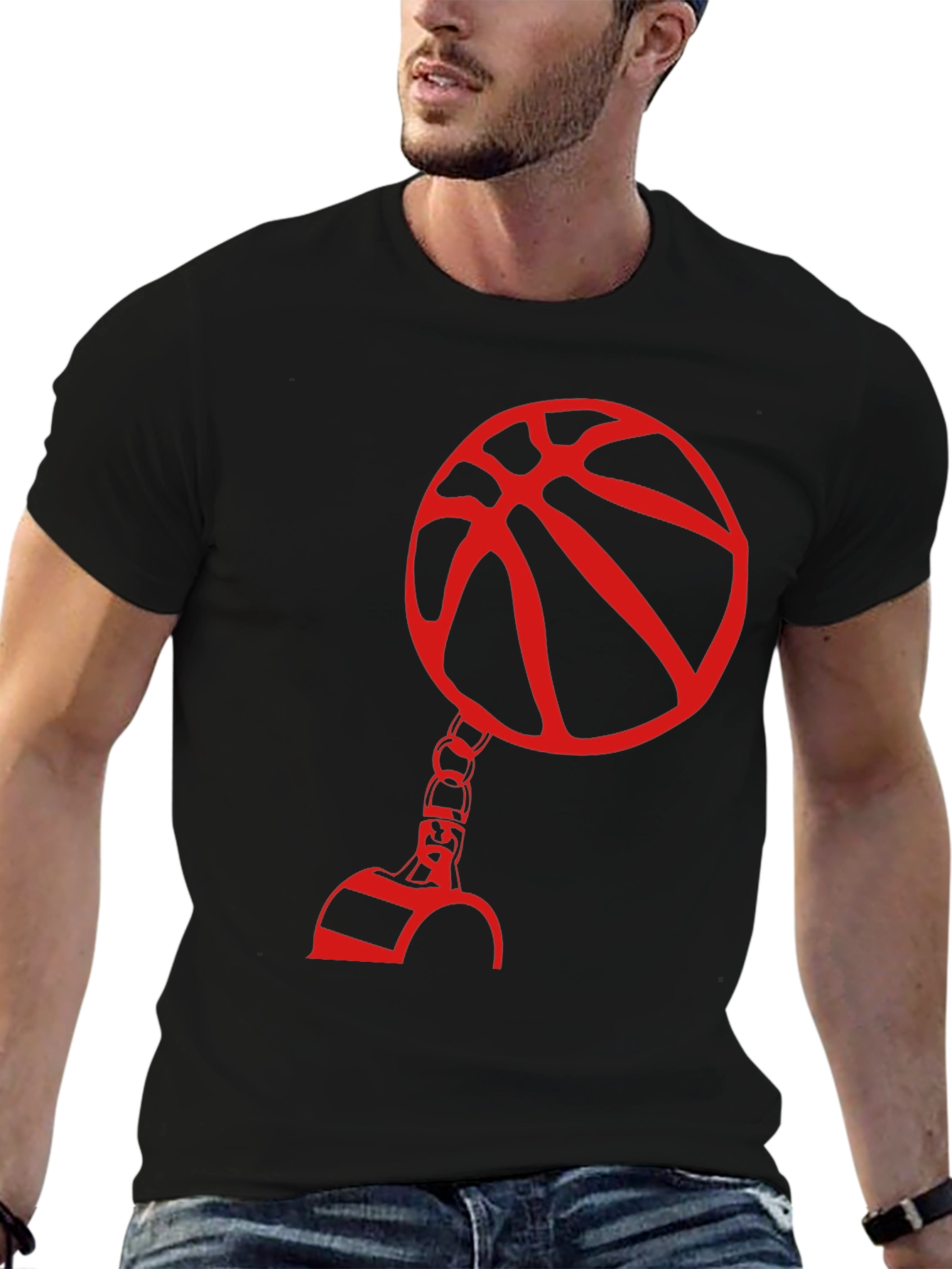 Red Basketball Graphic Print Black T-Shirt