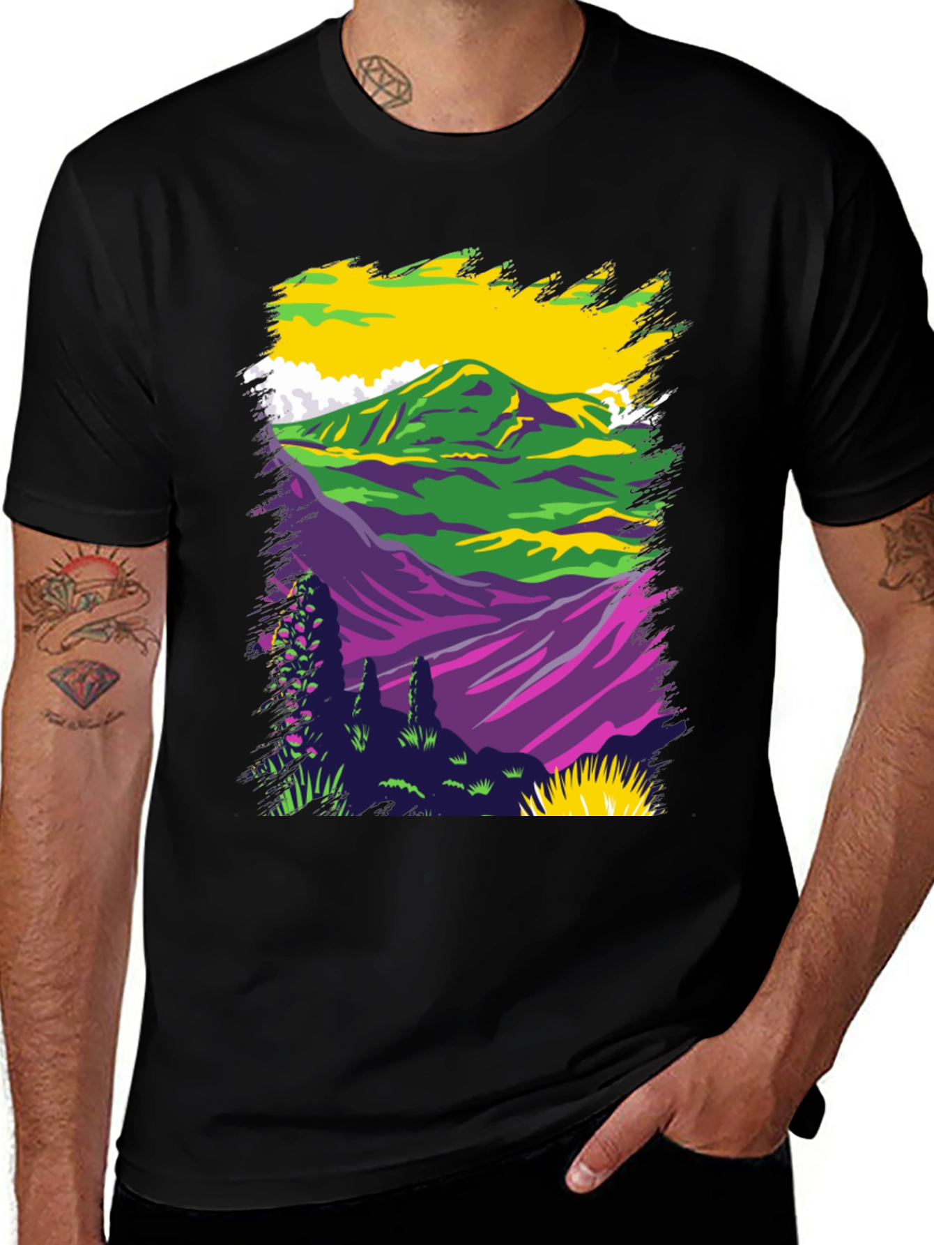 Vibrant Mountain Scene Graphic Tee - Black