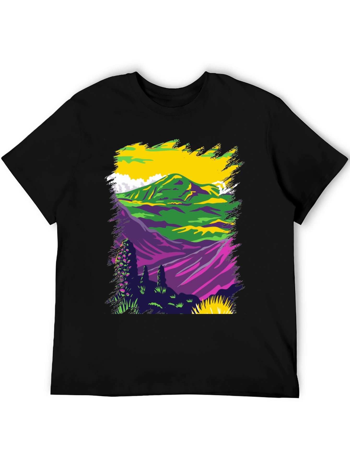 Vibrant Mountain Scene Graphic Tee - Black