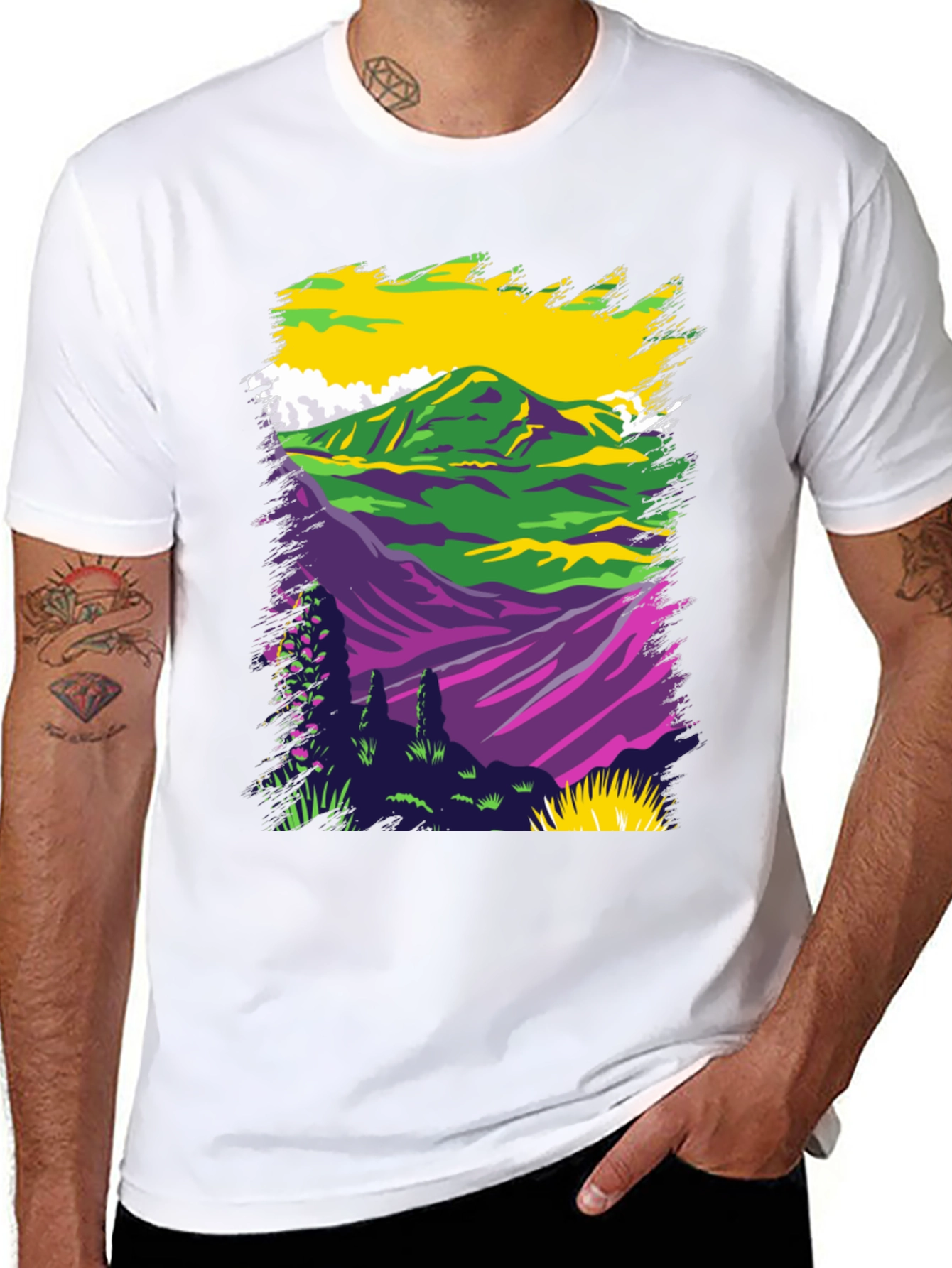 Vibrant Mountain Scene Graphic Tee - Black