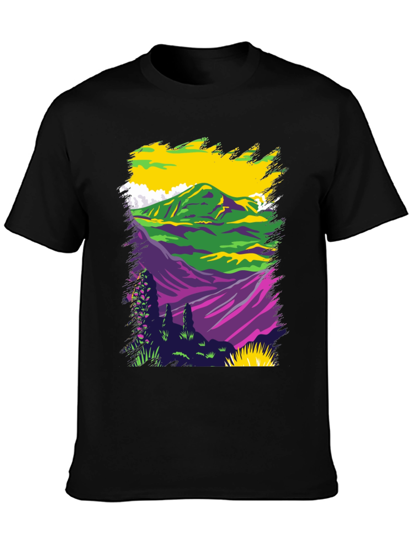 Vibrant Mountain Scene Graphic Tee - Black