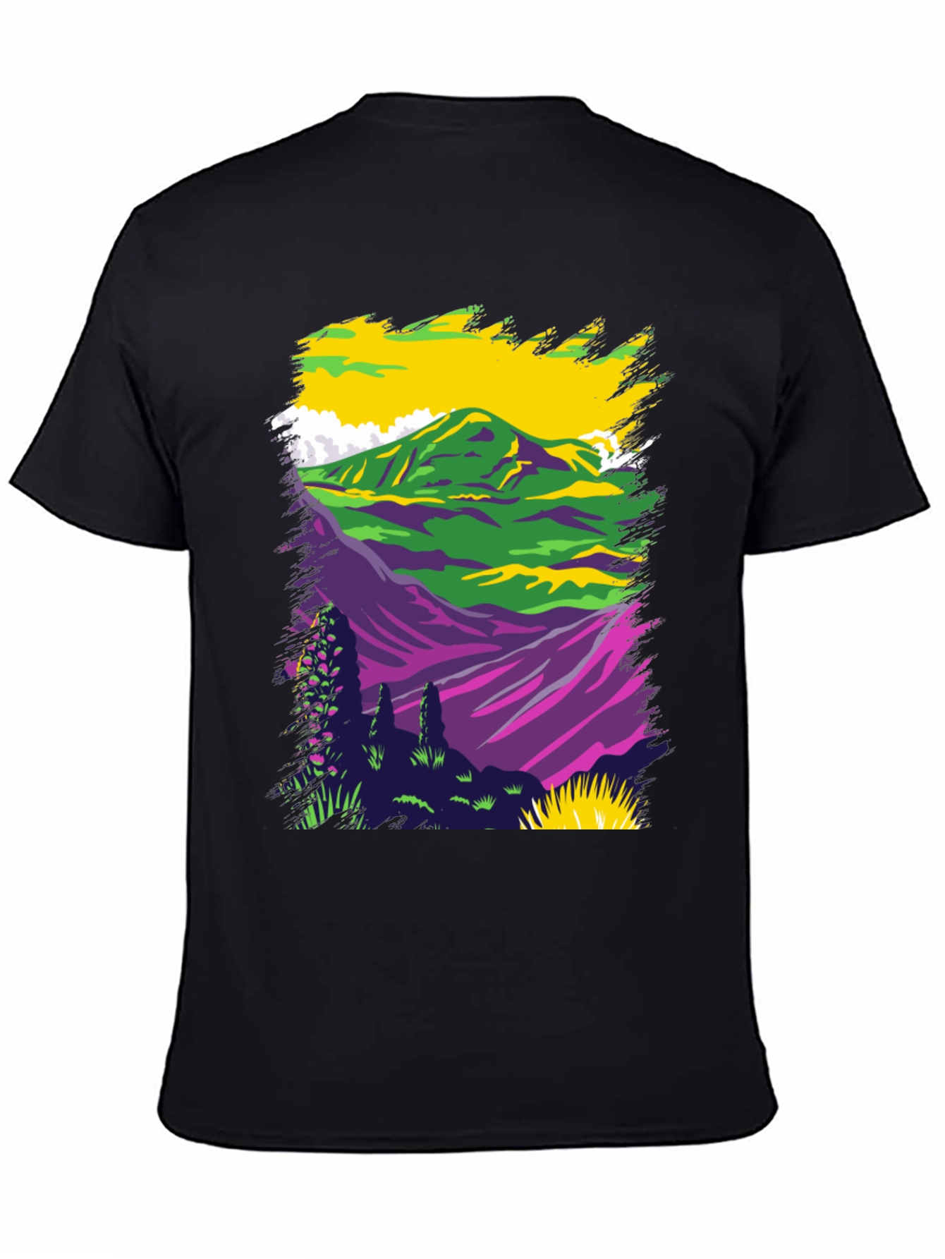 Vibrant Mountain Scene Graphic Tee - Black