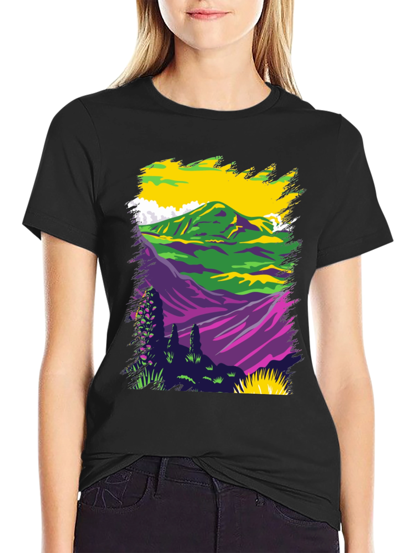 Vibrant Mountain Scene Graphic Tee - Black