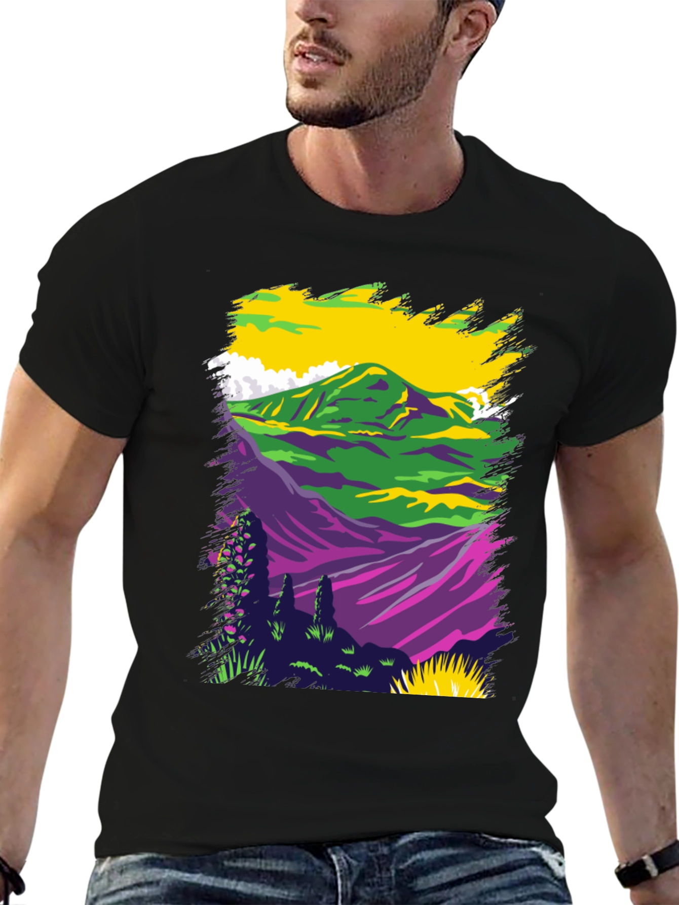 Vibrant Mountain Scene Graphic Tee - Black