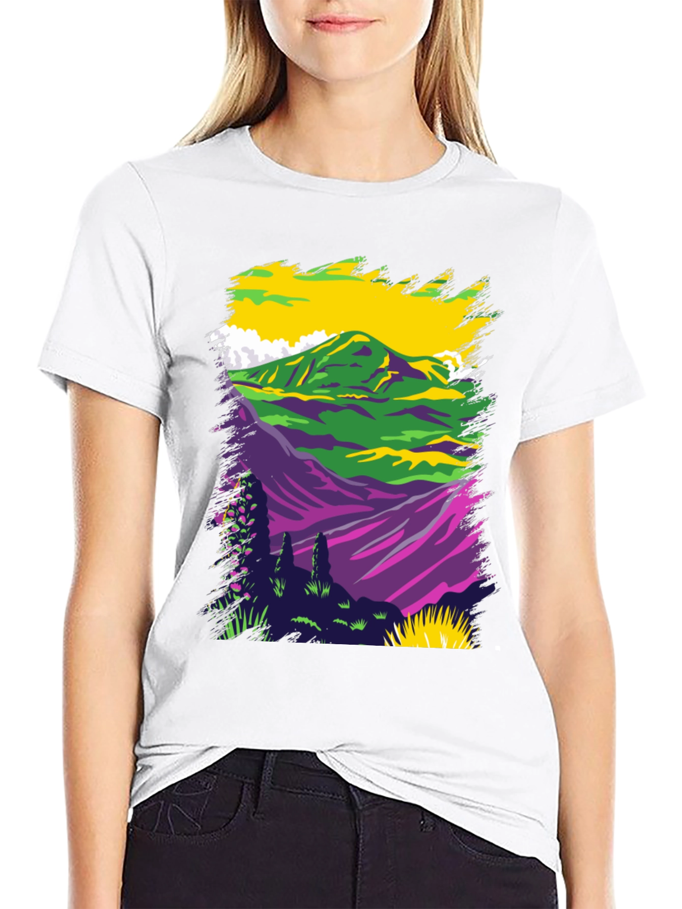Vibrant Mountain Scene Graphic Tee - Black