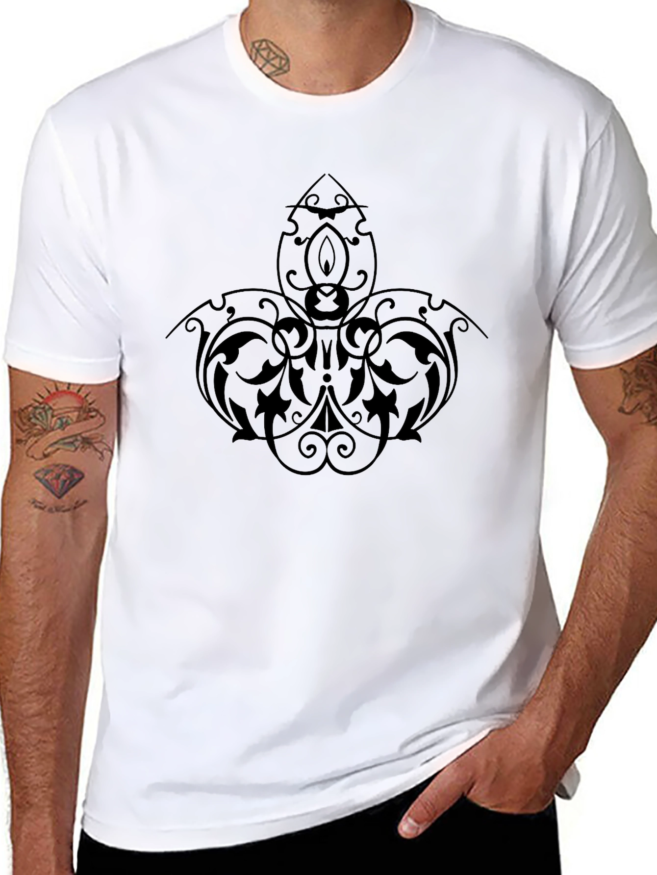 Elegant Black Tee with Intricate Floral Design