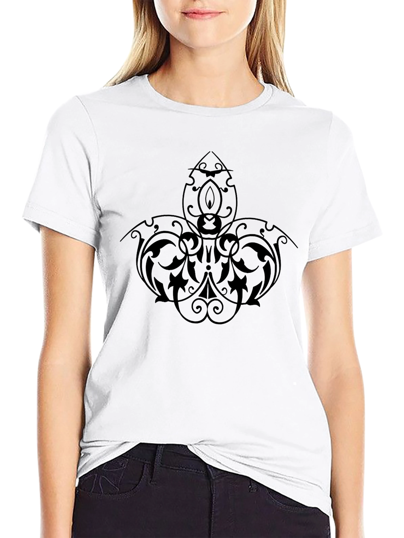Elegant Black Tee with Intricate Floral Design