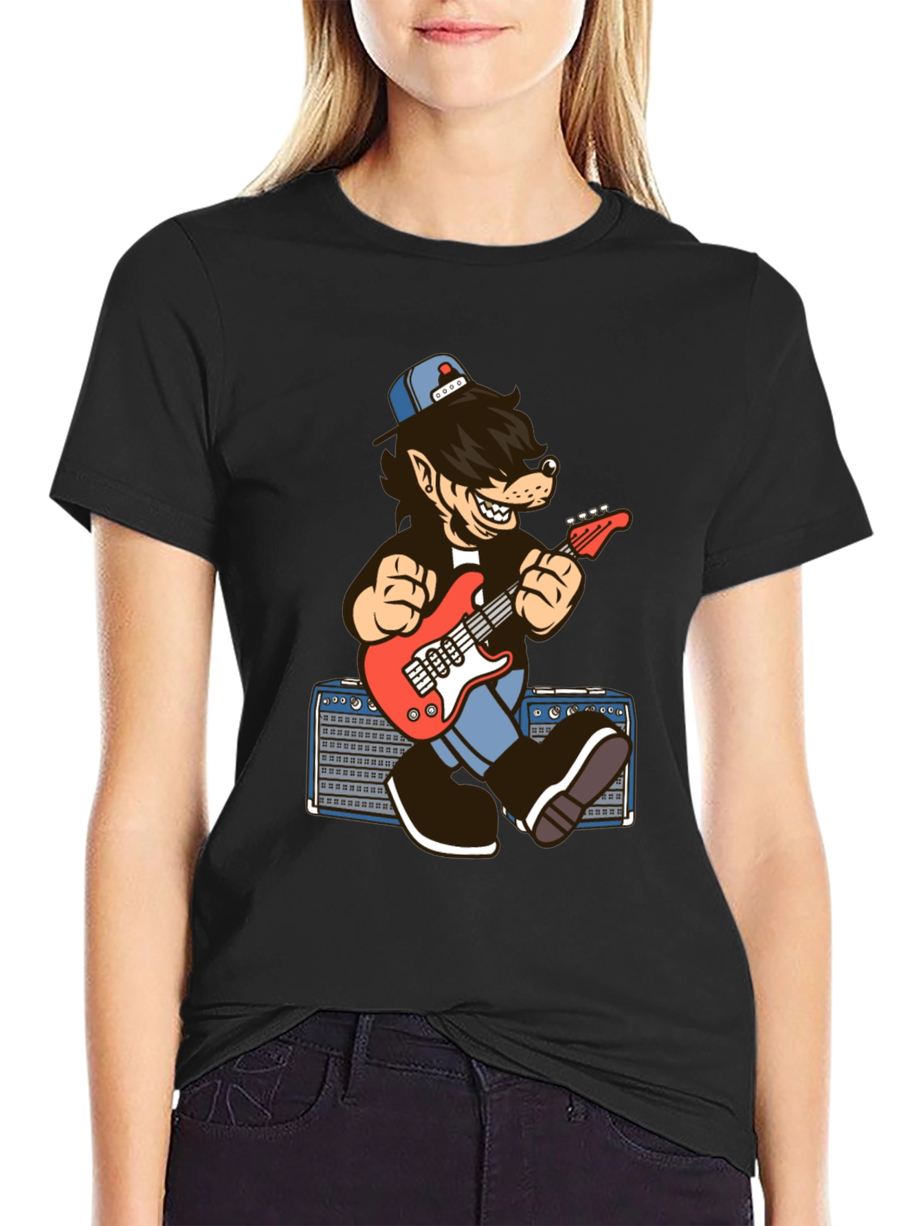 Cool Cartoon Wolf Guitarist T-Shirt