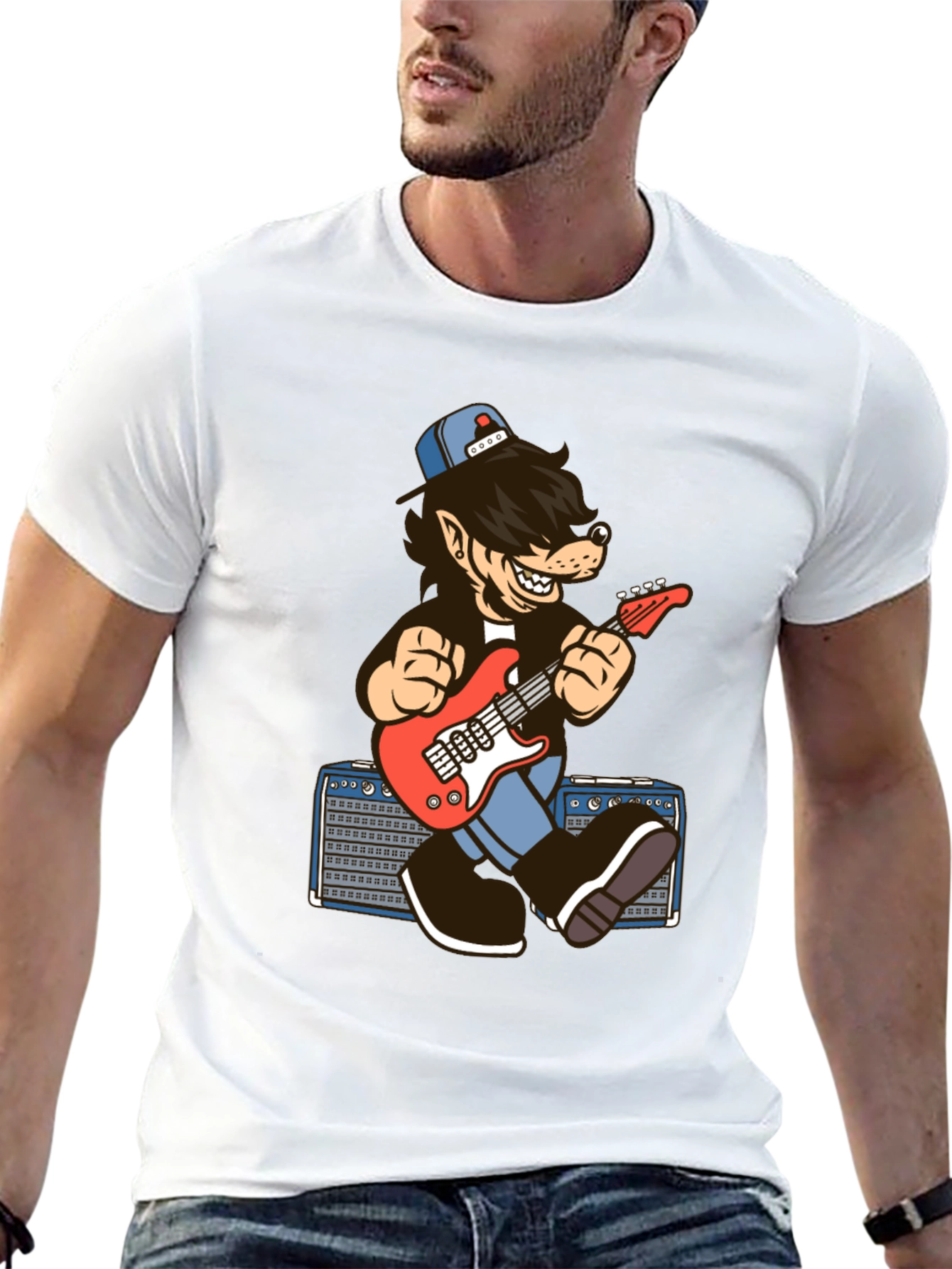 Cool Cartoon Wolf Guitarist T-Shirt