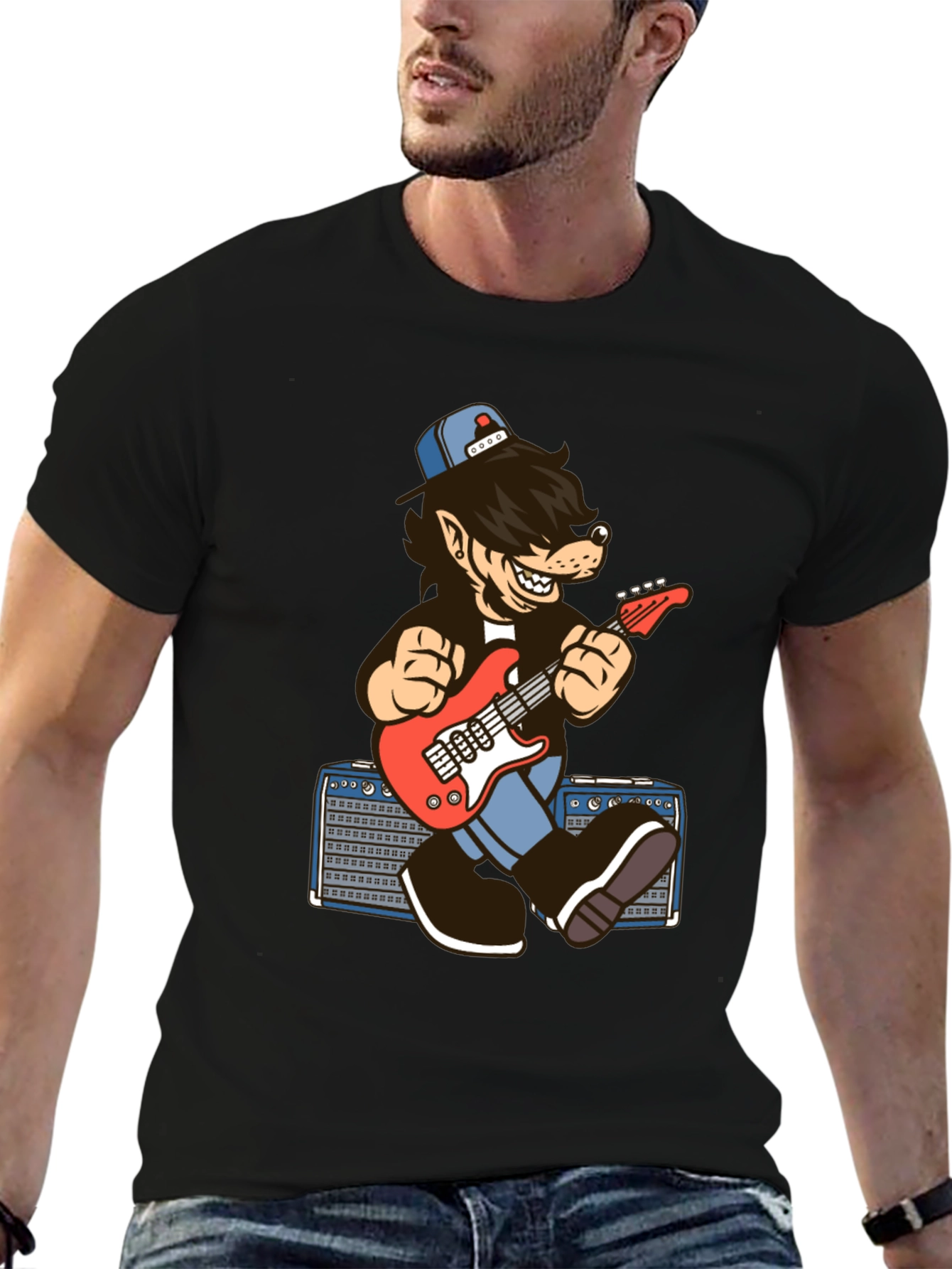 Cool Cartoon Wolf Guitarist T-Shirt