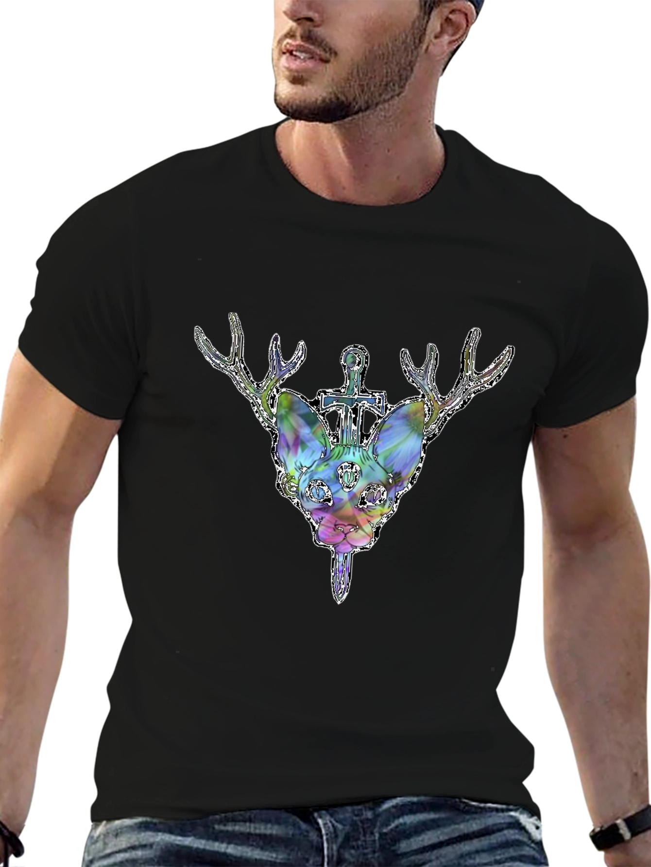 Mystic Deer Head Graphic Black T-Shirt