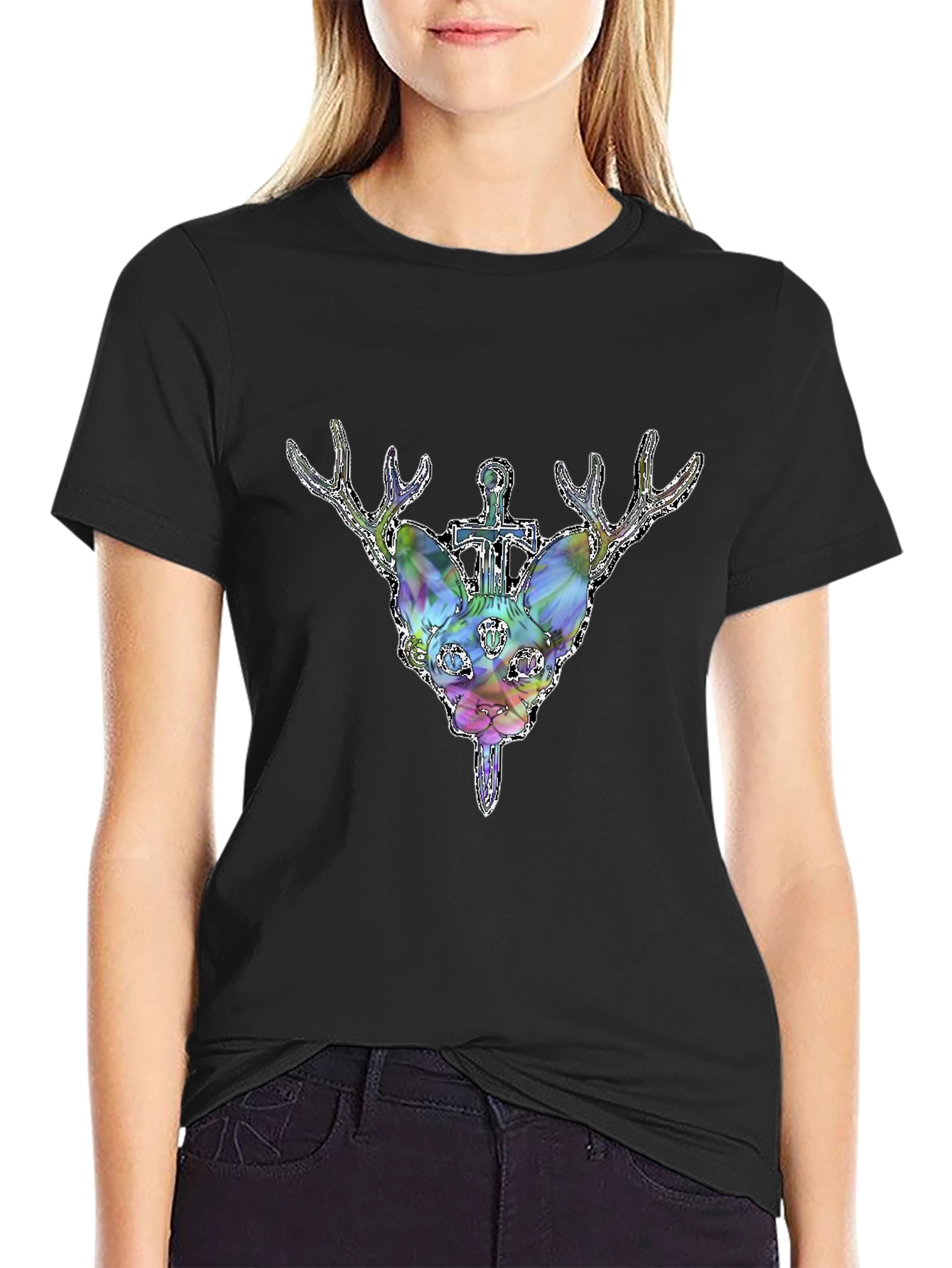 Mystic Deer Head Graphic Black T-Shirt
