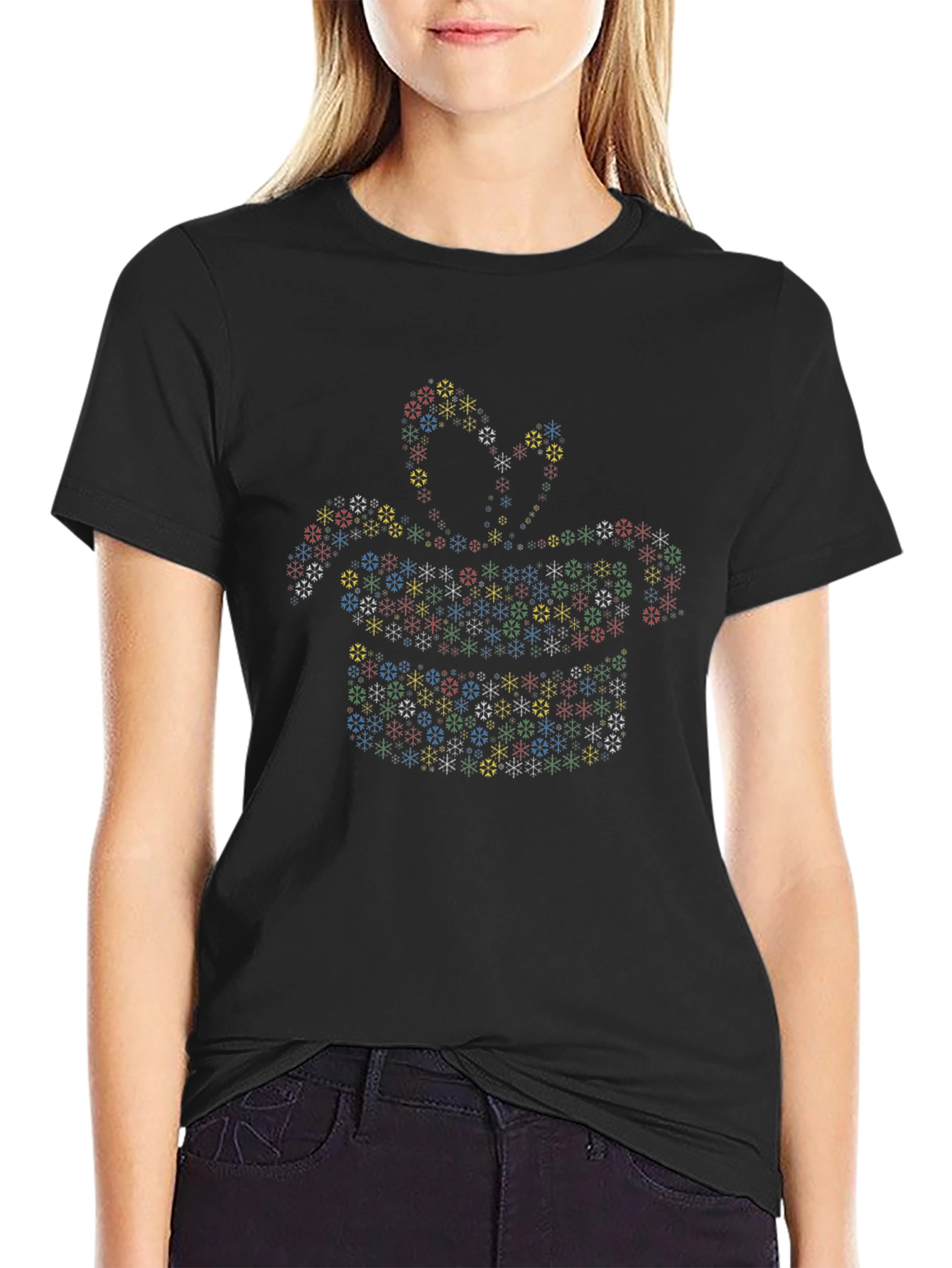 Jack-in-the-Box Snowflake Pattern Black T-Shirt