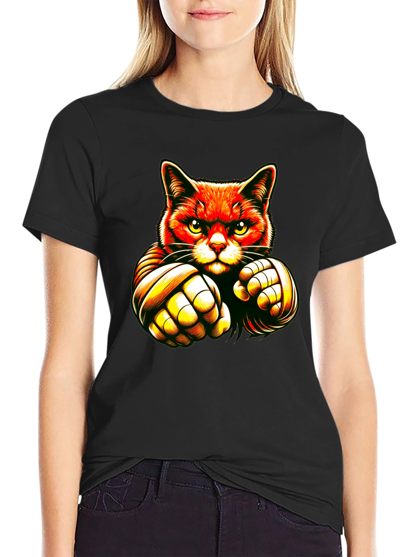 Cat Boxer Graphic Black T-Shirt
