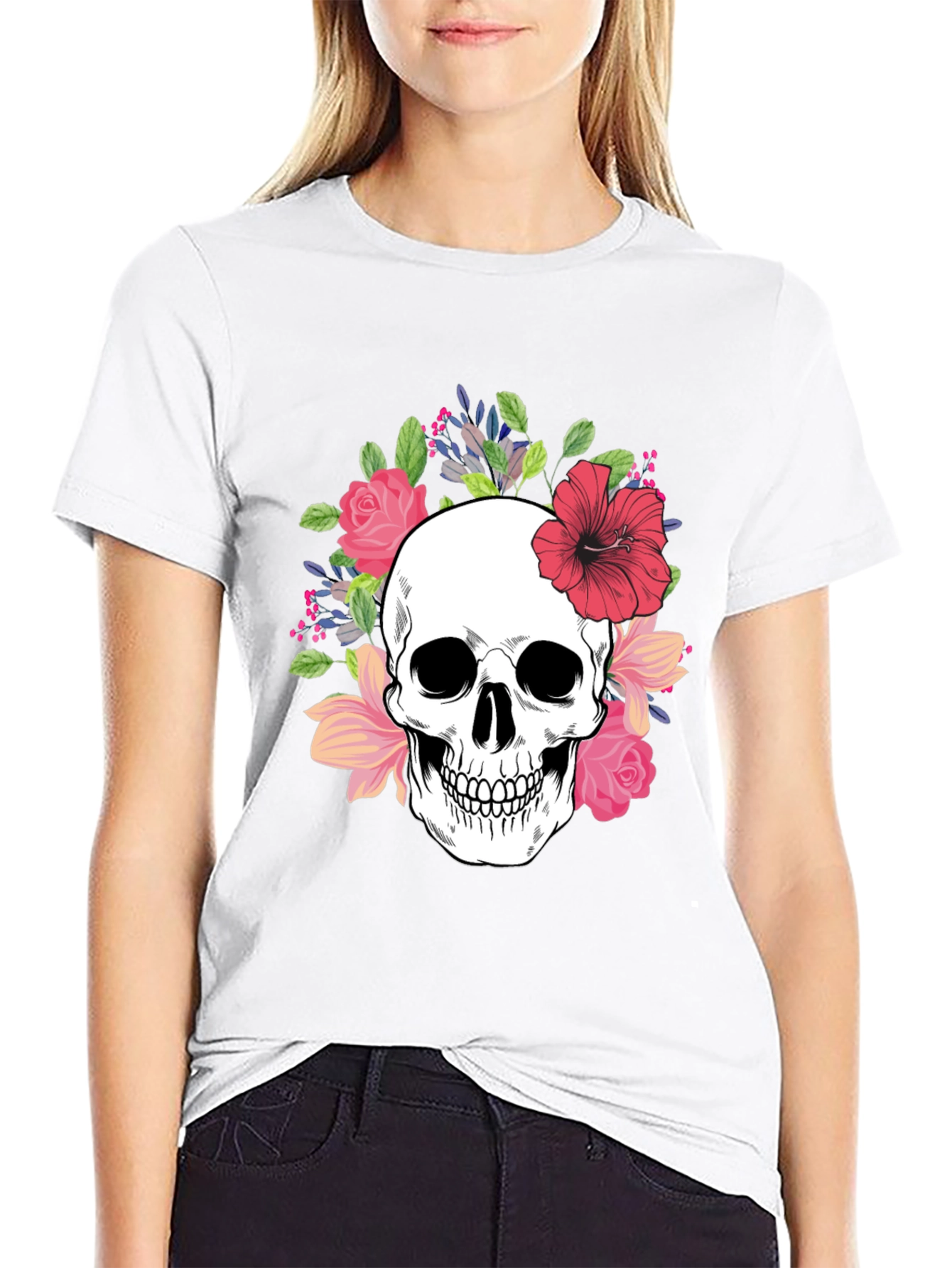 Floral Skull Graphic Tee - Stylish Unisex T-Shirt