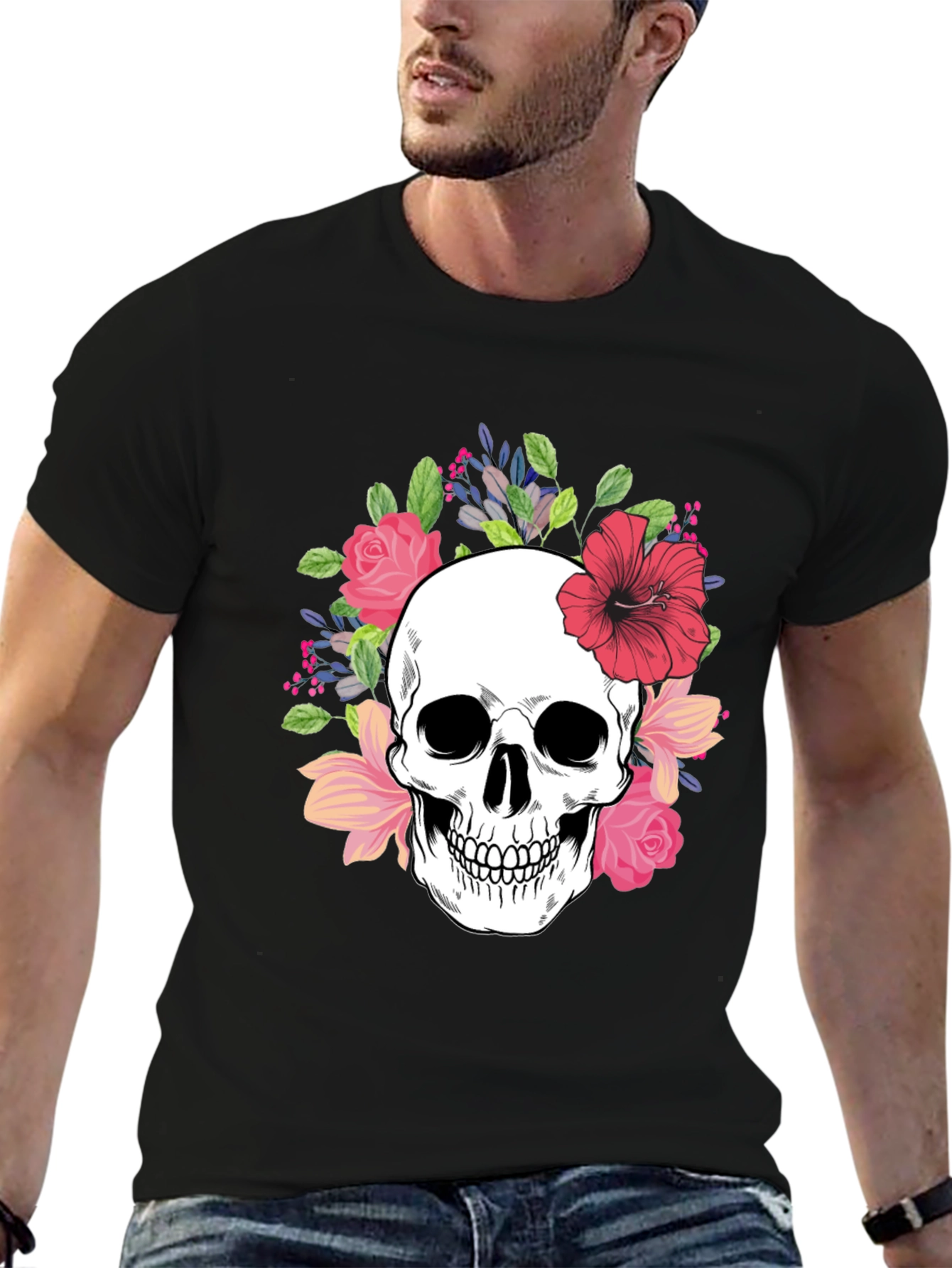 Floral Skull Graphic Tee - Stylish Unisex T-Shirt