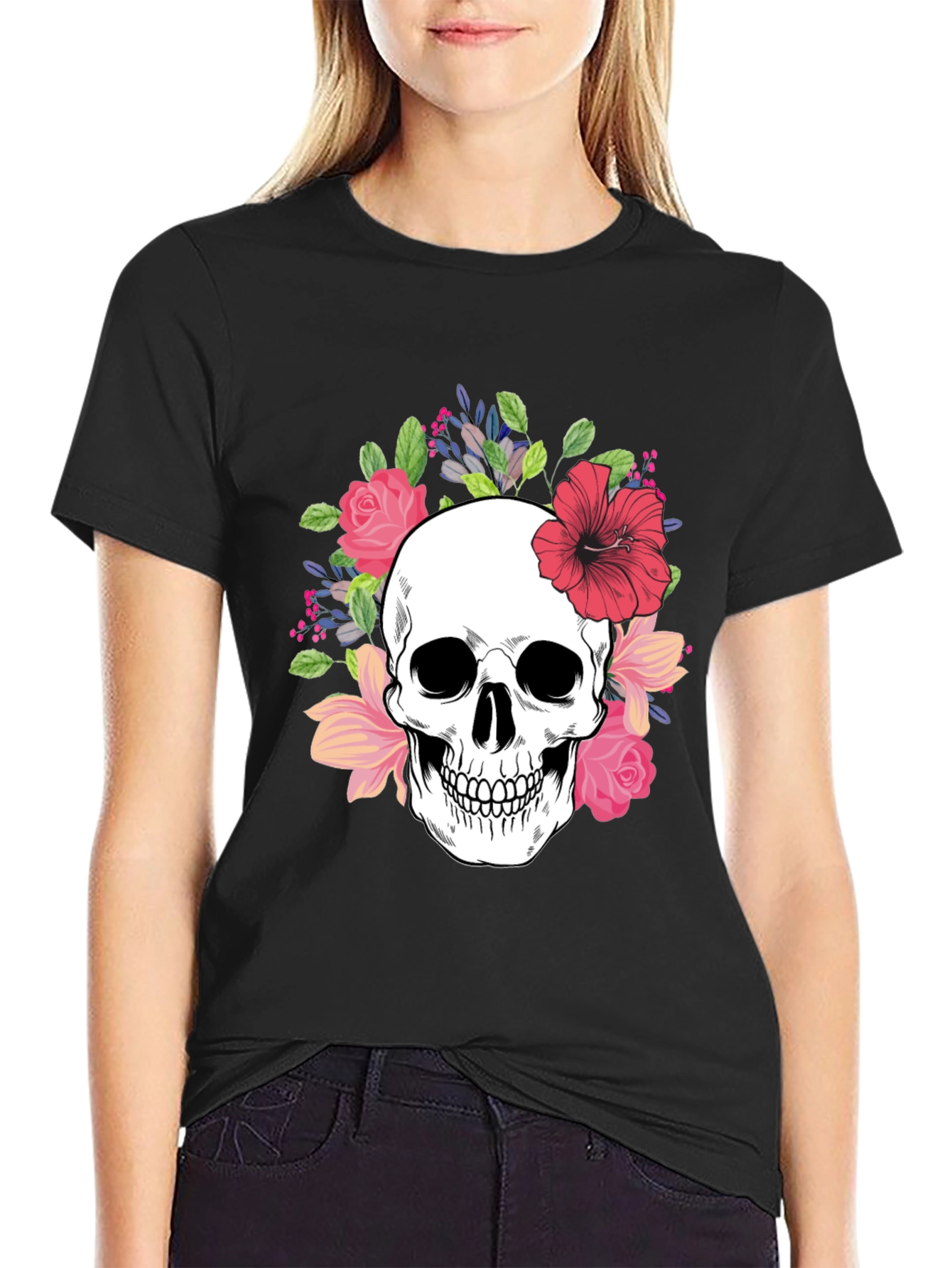 Floral Skull Graphic Tee - Stylish Unisex T-Shirt
